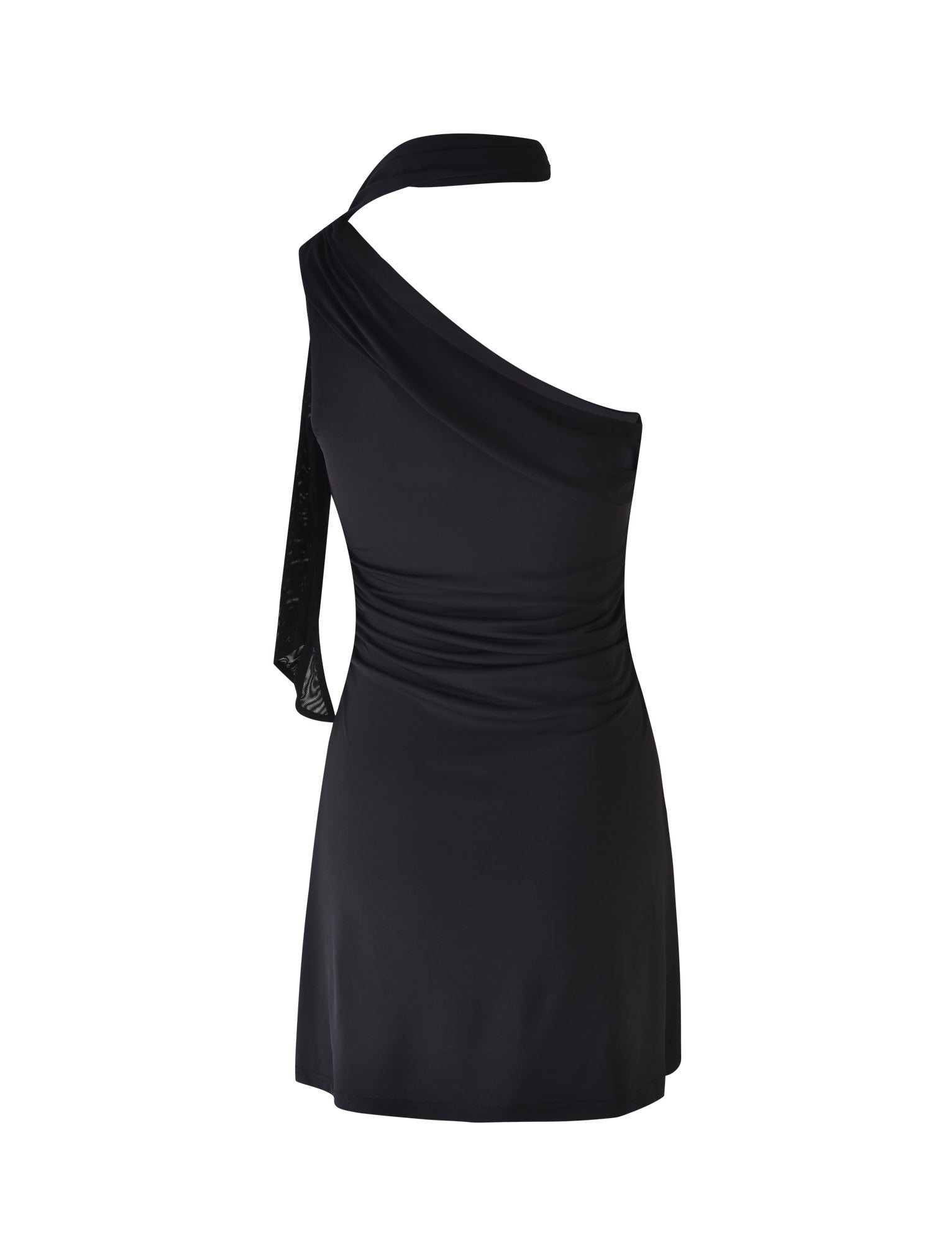 A stylish, black ALLIRA DRESS from TIGERMIST is displayed on a plain white background. The dress features an asymmetrical neckline with a strap over the left shoulder and draping fabric on the back. It has a fitted bodice and a slightly flared skirt.
