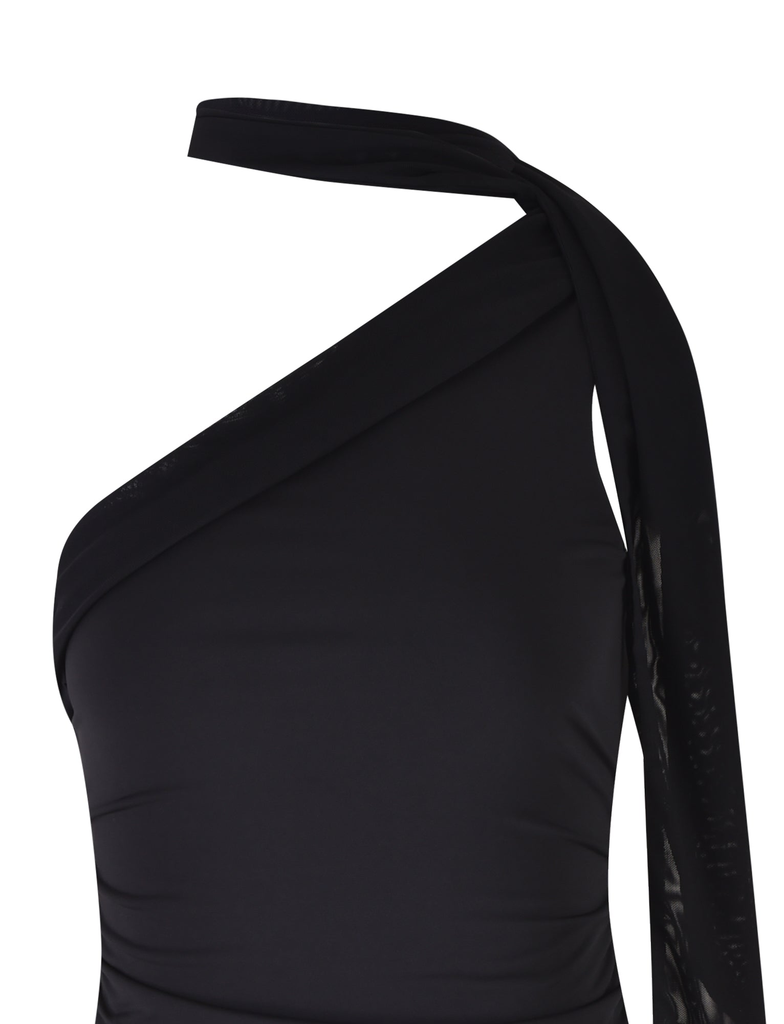 Close-up of a stylish black ALLIRA DRESS by TIGERMIST with an asymmetrical design. The dress includes a single shoulder strap that extends diagonally from the neckline over the shoulder and drapes down the back. The fabric appears smooth and slightly shiny.