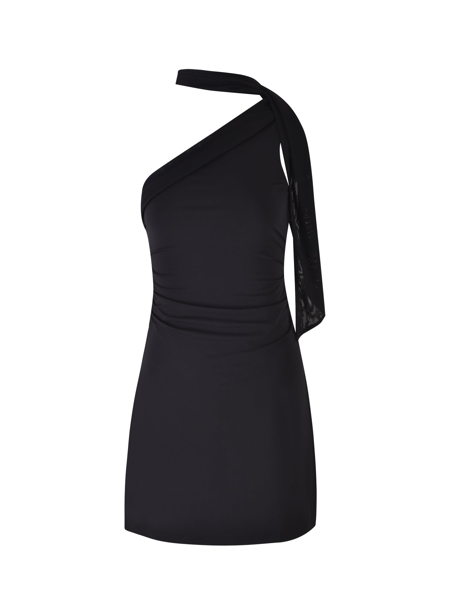 Introducing the ALLIRA DRESS - BLACK by TIGERMIST, a sleek and chic one-shoulder sleeveless number. This dress boasts a fitted silhouette with a draped, asymmetrical sash extending from the shoulder, embodying an elegant and modern aesthetic. Its smooth and slightly glossy material adds to its sophisticated appeal.