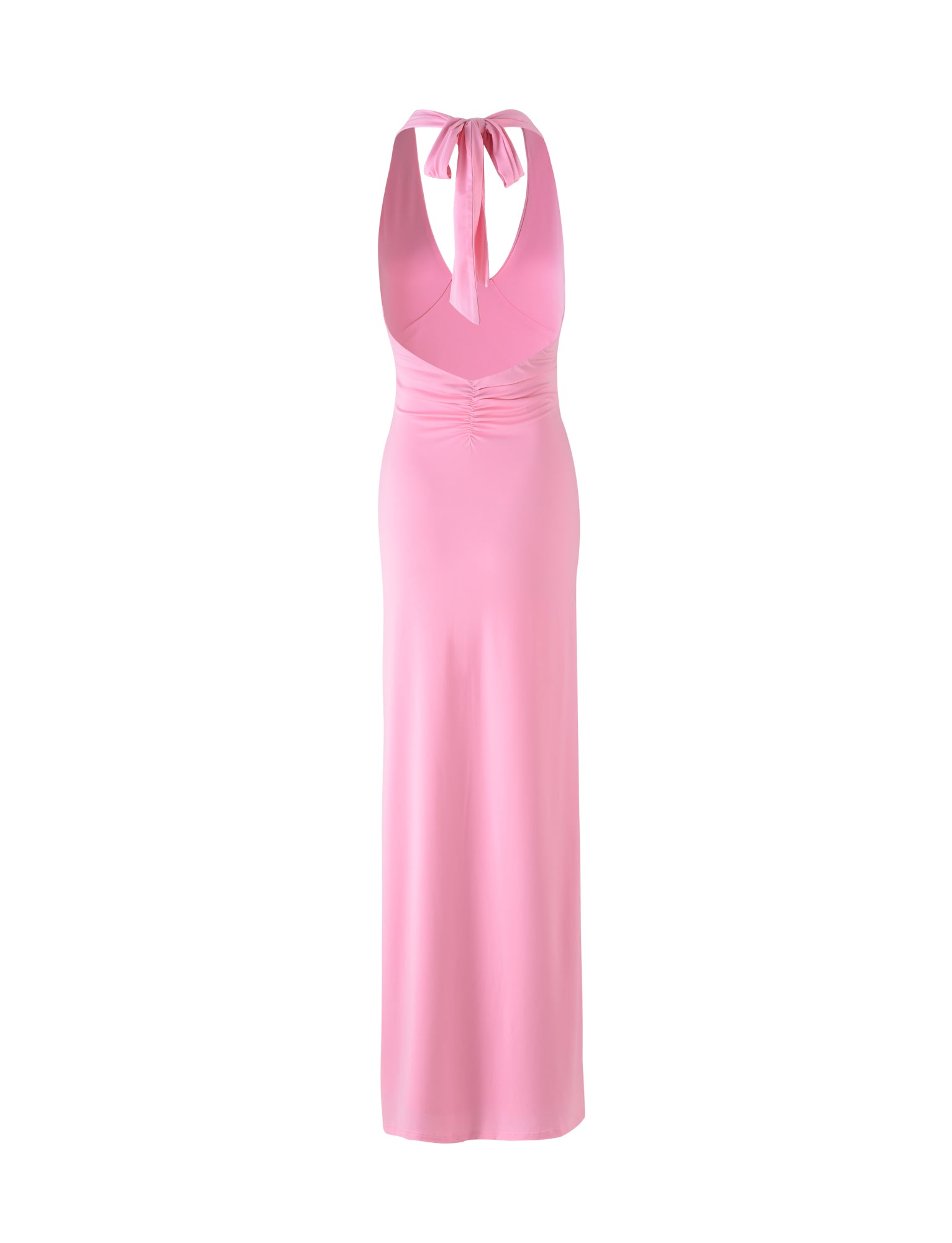 The FAORA DRESS - PINK by TIGERMIST is a sleeveless, floor-length dress showcasing a deep V-neckline and an elegant tied bow at the back of the neck. It features a fitted waist with subtle ruching, creating a flattering silhouette. The fabric appears smooth and slightly draped.