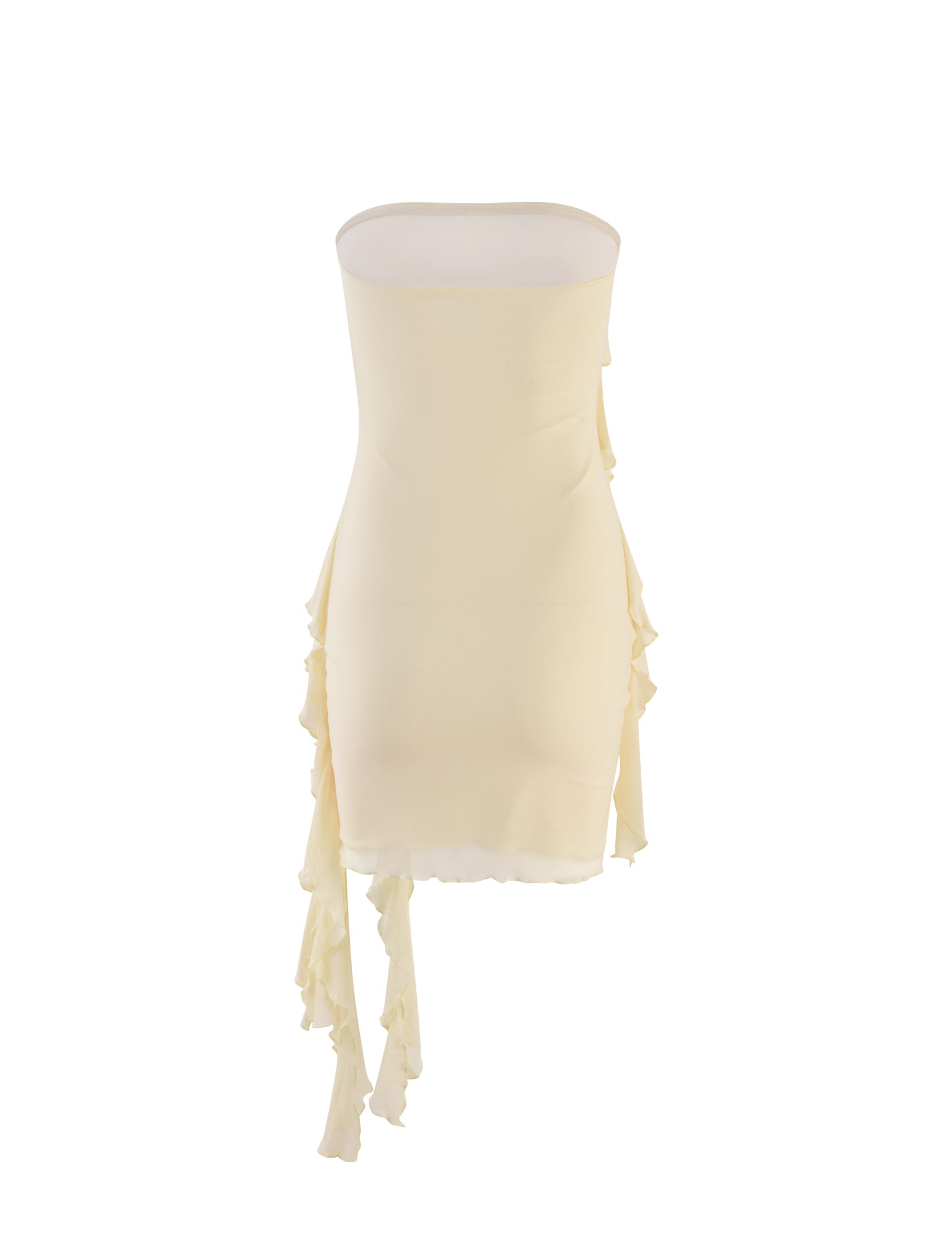 A strapless, form-fitting dress from TIGERMIST in a butter yellow hue. The SADIA DRESS features ruffled, asymmetrical fabric panels cascading down the sides, adding texture and movement to its sleek silhouette.
