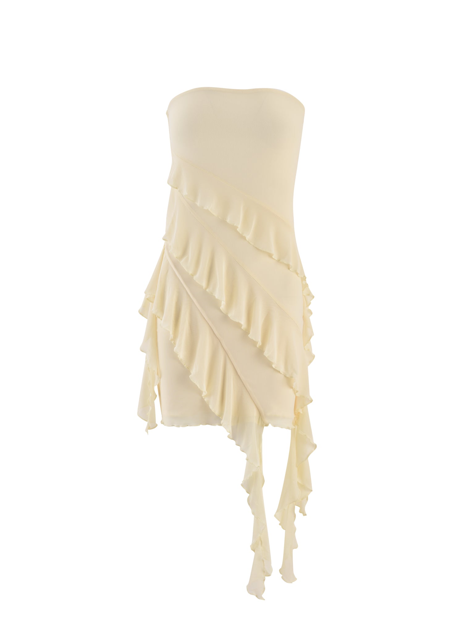 The SADIA DRESS - YELLOW : BUTTER by TIGERMIST features a strapless design and cascading ruffles that flow diagonally across the body. The asymmetrical ruffles create a dynamic, layered look, while the dress maintains a slim, form-fitting silhouette for an eye-catching visual element.