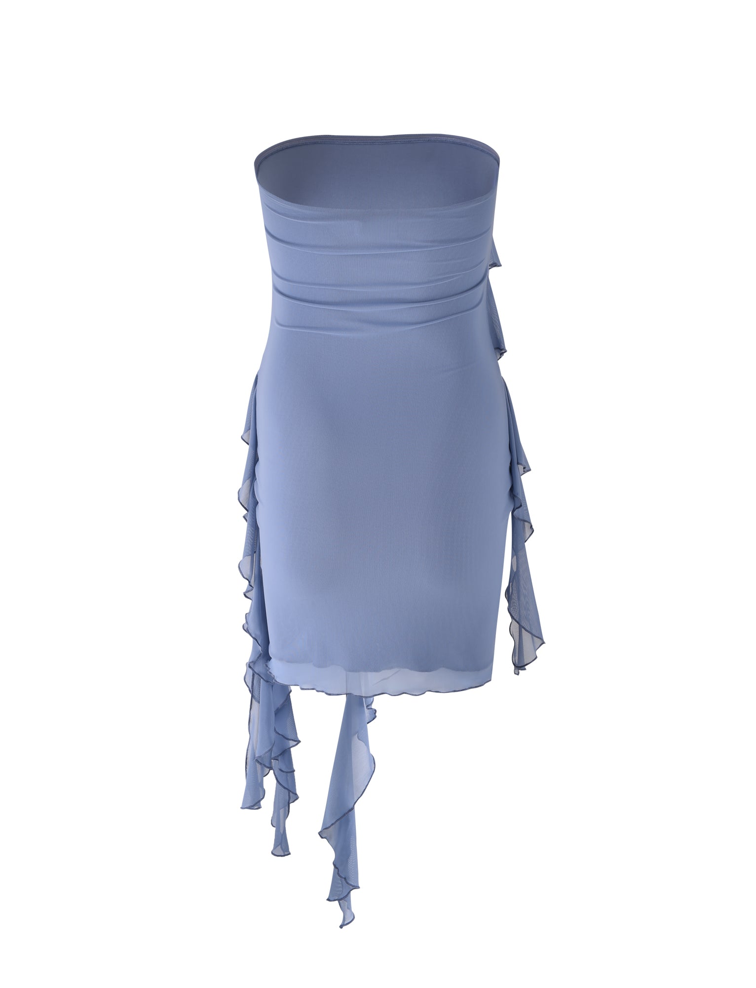 The SADIA DRESS - BLUE : DUSTY BLUE from TIGERMIST is a strapless light blue mini dress featuring a fitted bustline and ruched detailing around the waist. Cascading ruffles along the sides add a touch of elegance and flair to its sleek, modern design.