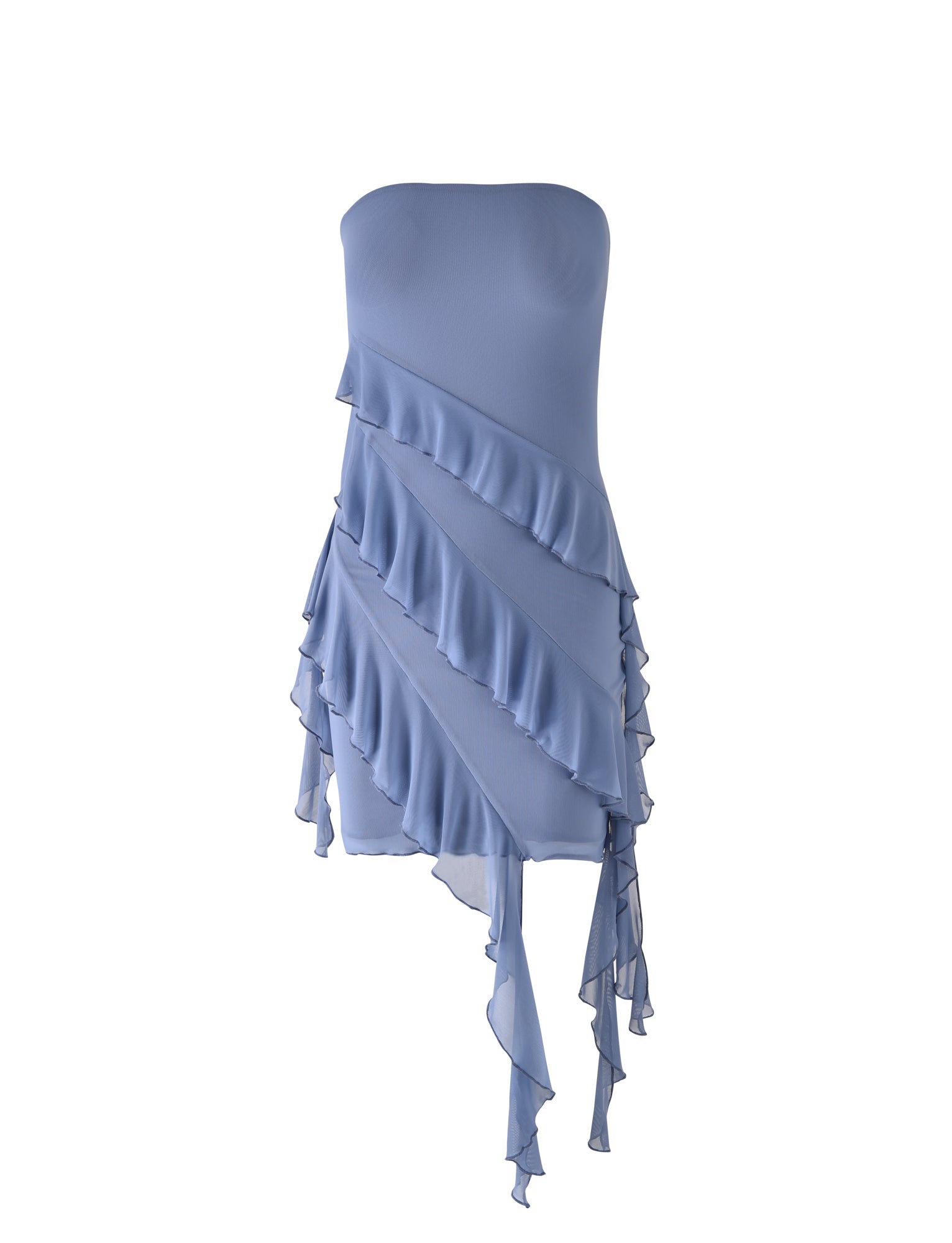 The Sadia Dress - Blue from Tigermist in a dusty blue shade features a strapless design with asymmetrical, layered ruffles cascading gracefully from left to right, creating a flowing and elegant look. The uneven hemline extends into longer, sheer ruffled pieces for added sophistication.