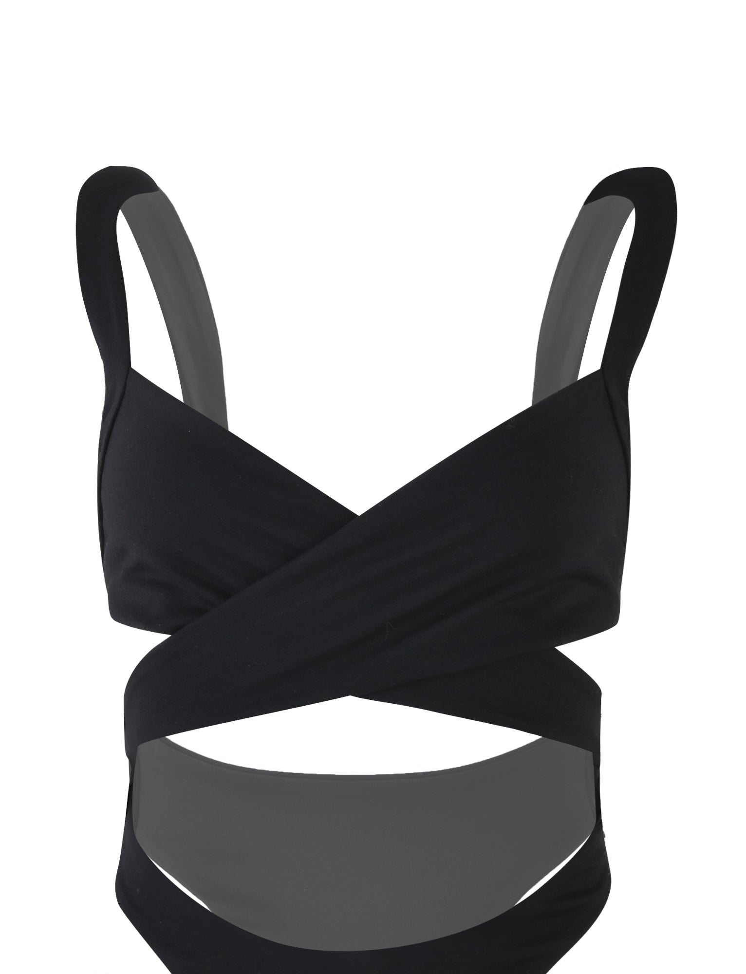 A black one-piece swimsuit featuring a unique criss-cross design at the top, creating a cut-out above the waist. The TIGERMIST SILVIA DRESS has medium-width shoulder straps and an overall sleek and modern appearance. The image shows the swimsuit against a plain white background.