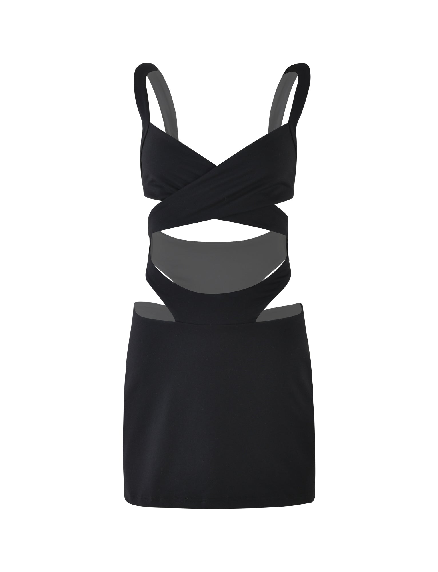 Introducing the Silvia Dress by TigerMist in black. This stunning dress features a sleeveless design with wide straps and cutout details at the midsection, forming a banded, crisscross pattern across the front. The fitted skirt falls elegantly to above the knee.