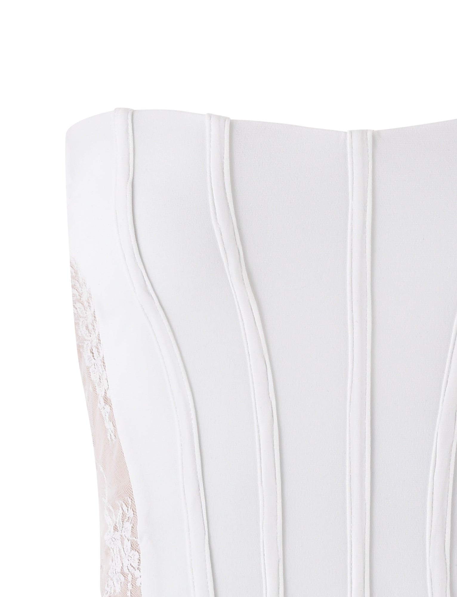 Close-up of the upper part of the TIANNA TOP - WHITE by TIGERMIST. The top features vertical seam lines and has lace detailing on the side. The fabric appears smooth and structured.