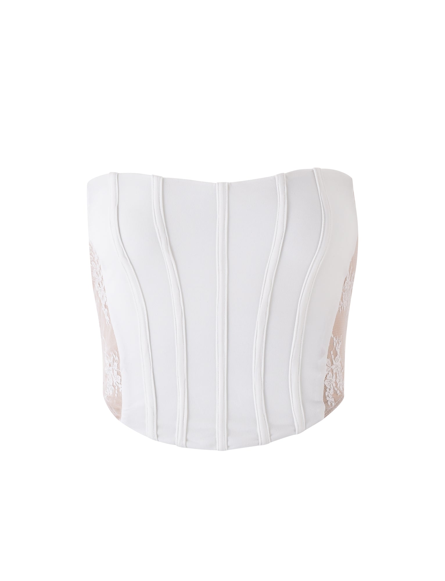 A white strapless TIANNA TOP from TIGERMIST featuring vertical boning and sheer lace panels on the sides. The smooth fabric combined with the delicate lace details enhances its elegance, offering a structured and refined look.