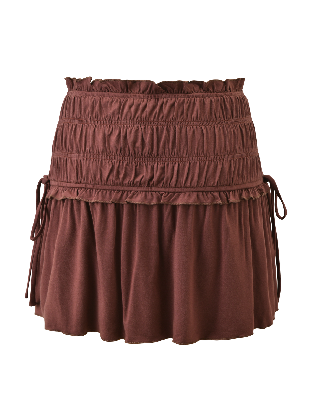 The TIGERMIST DENALI MINI SKIRT - CHOCOLATE features a high-waisted fit, ruffled pleats, smocked waistband, and side ties, shown against a plain white background.
