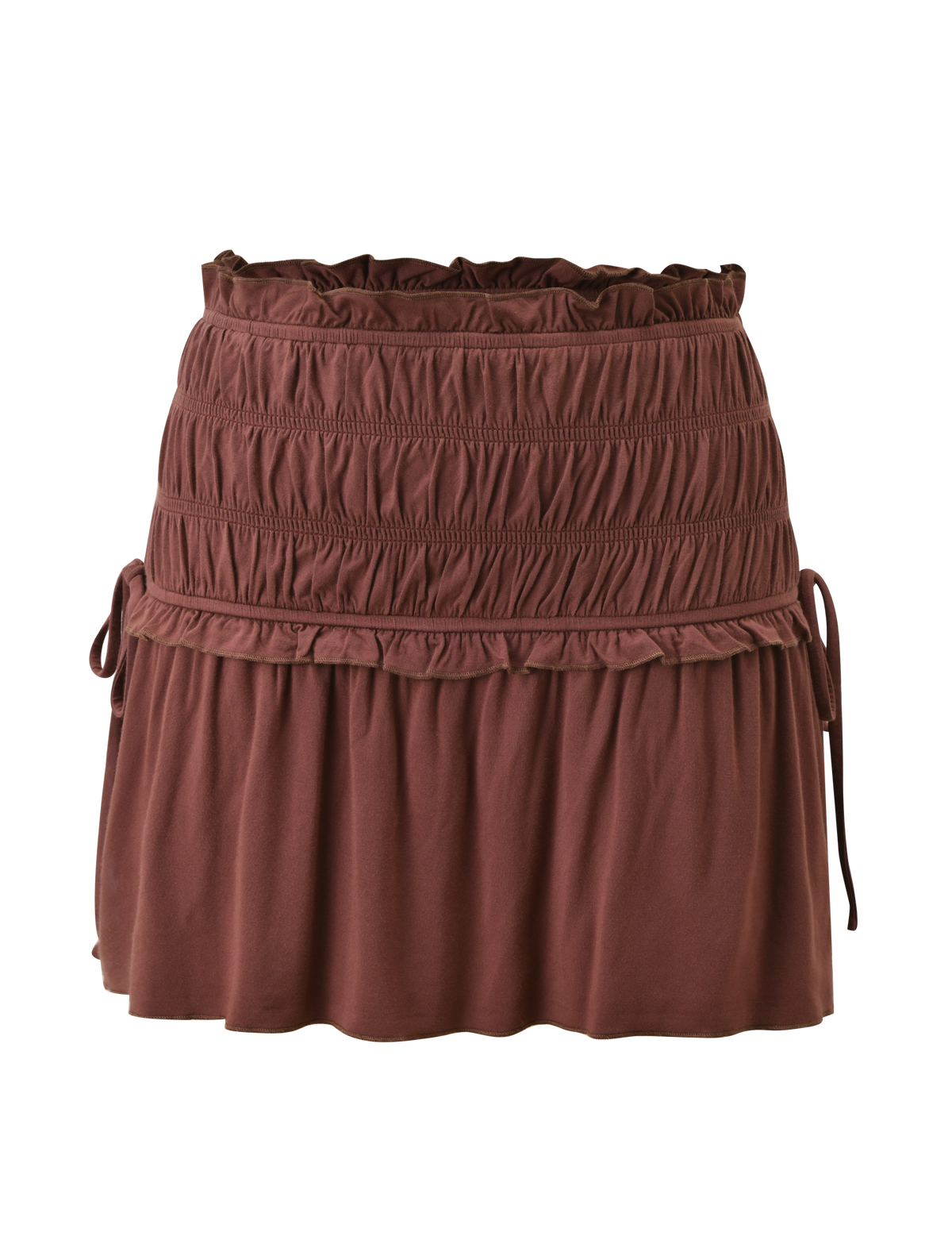 The TIGERMIST DENALI MINI SKIRT - CHOCOLATE features a high-waisted fit, smocked ruched waistband with drawstring ties, and a relaxed, flared silhouette in soft jersey—your new favorite skirt.