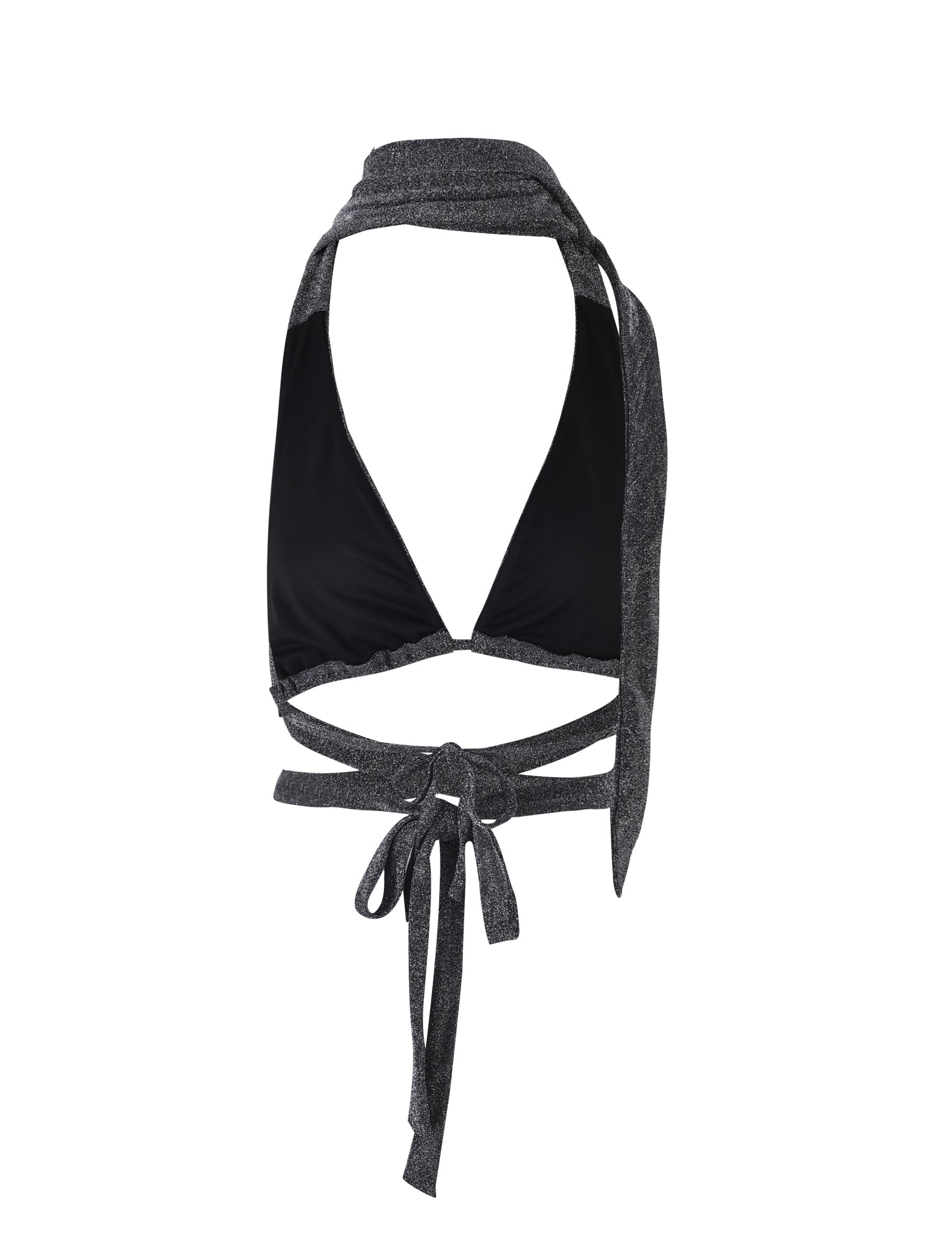 The DAISIE TOP - BLACK : BLACK SHIMMER by TIGERMIST is a black and gray halter neck bikini top featuring long, wrap-around straps that can be tied at the back. It boasts a deep V-shaped neckline and adjustable, wide shoulder straps. The fabric has a subtle sheen, making it stand out against the crisp white background.