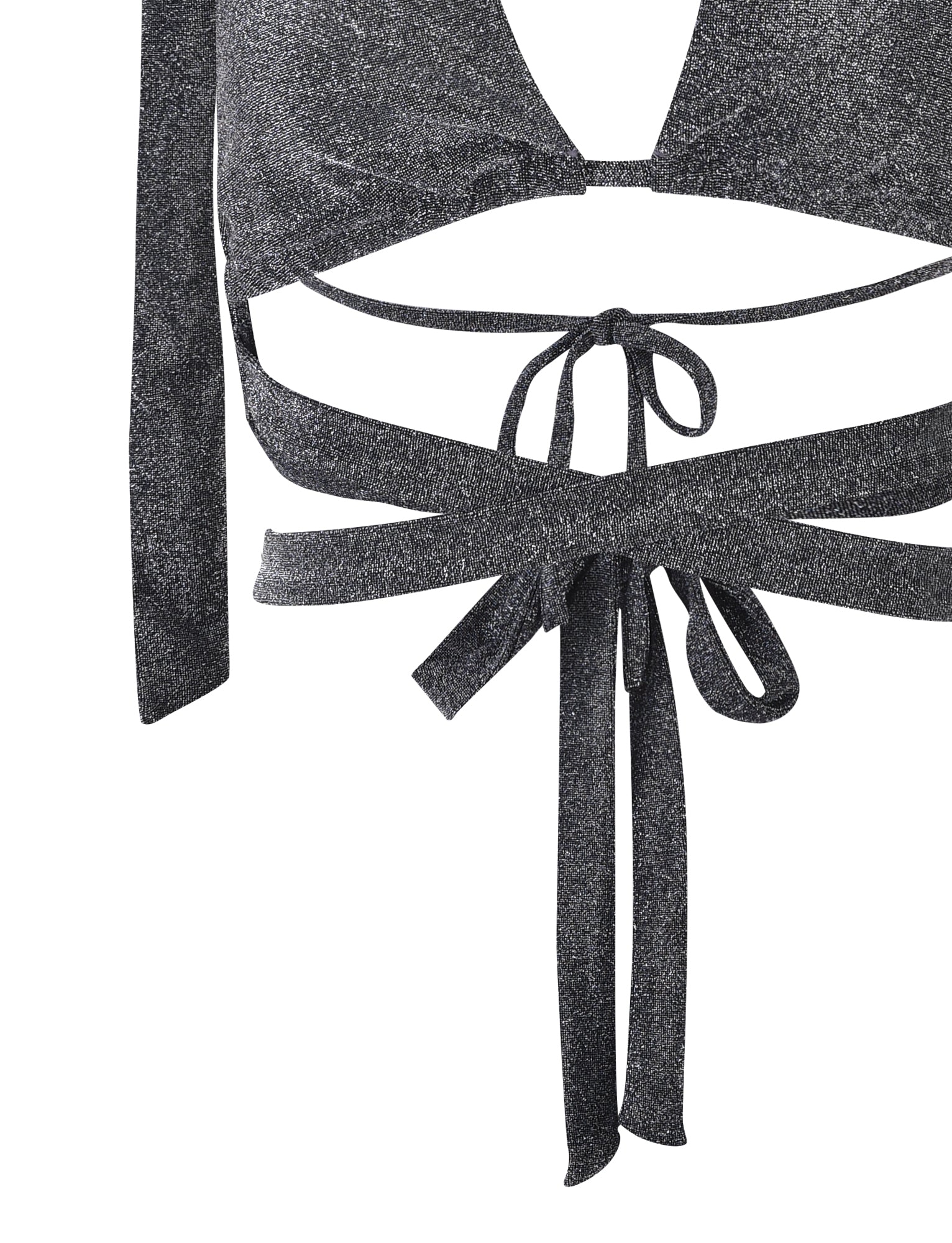 A close-up of the glittery DAISIE TOP - BLACK from TIGERMIST showcases its halter neckline and long ties crisscrossing and tying into a bow at the back. The BLACK SHIMMER fabric adds a sparkling effect to the crop top.