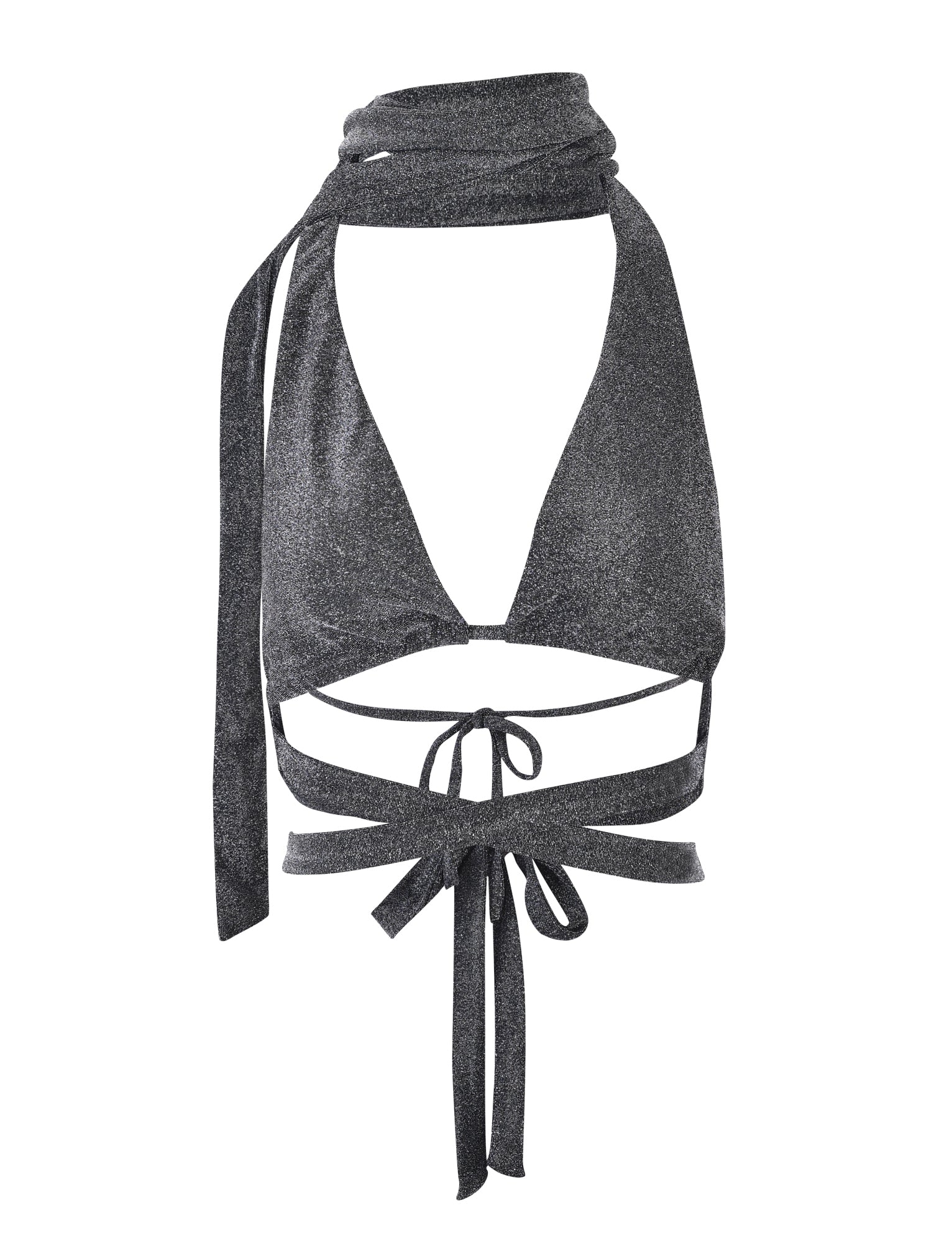 A black shimmer halter top from TIGERMIST with adjustable ties. The DAISIE TOP - BLACK features a triangular cut for the bust with multiple straps wrapping around the waist and neck, creating a stylish and elegant look.