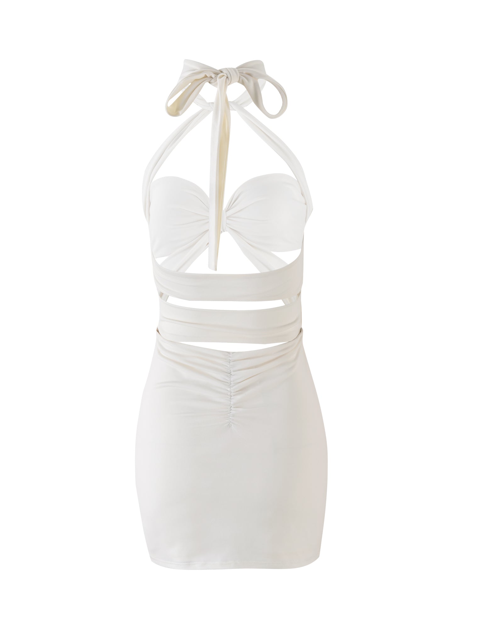 Introducing the TAMSIN MINI DRESS in Off White by TIGERMIST: a stunning mini dress featuring a halter neck and edgy cut-out detailing at the front and sides. It showcases a ruched design on the lower back and an elegant, chic backless style, with ties at the neck and back to complete the look.