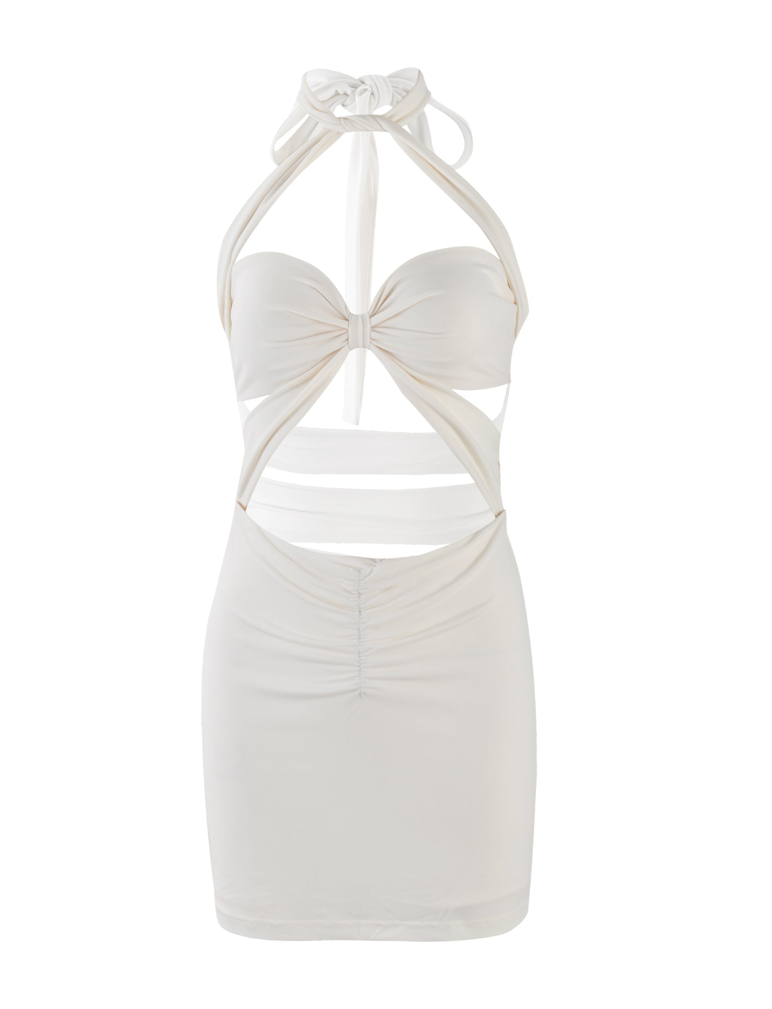 The TAMSIN MINI DRESS - WHITE : OFF WHITE : IVORY by TIGERMIST features a knotted front with cutout details around the waist and below the bust. This elegant mini dress has a fitted, ruched design with smooth, sleek fabric, exuding a stylish appearance.