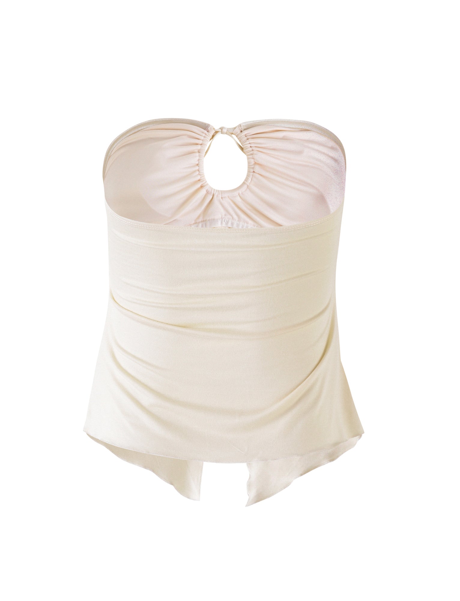 Introducing the KAROLINA JERSEY TOP by TIGERMIST in off-white: This strapless top features a gathered central circular opening at the neckline. Crafted from smooth fabric, it has a slightly ruched design that creates a draped effect around the torso. The hemline is asymmetrical, with longer front and sides for an elegant touch.