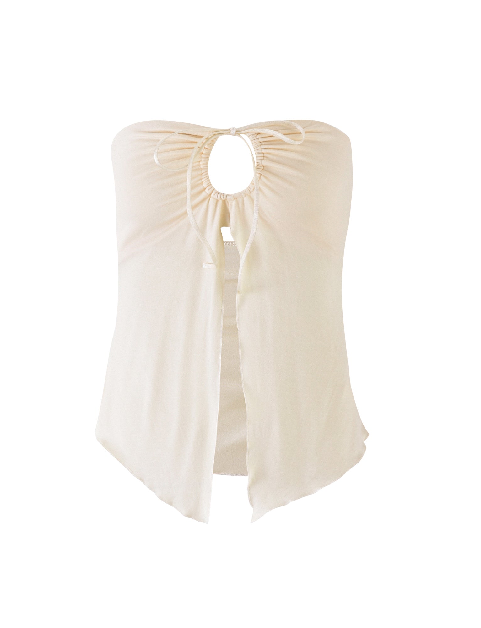 A light-colored, strapless Karolina Jersey Top from Tigermist, in a stunning white/off-white/ivory shade. The top features a gathered front with keyhole detail, a loose and flowing drape, and an asymmetrical hemline. The fabric is soft and lightweight, making it perfect for summer wear.