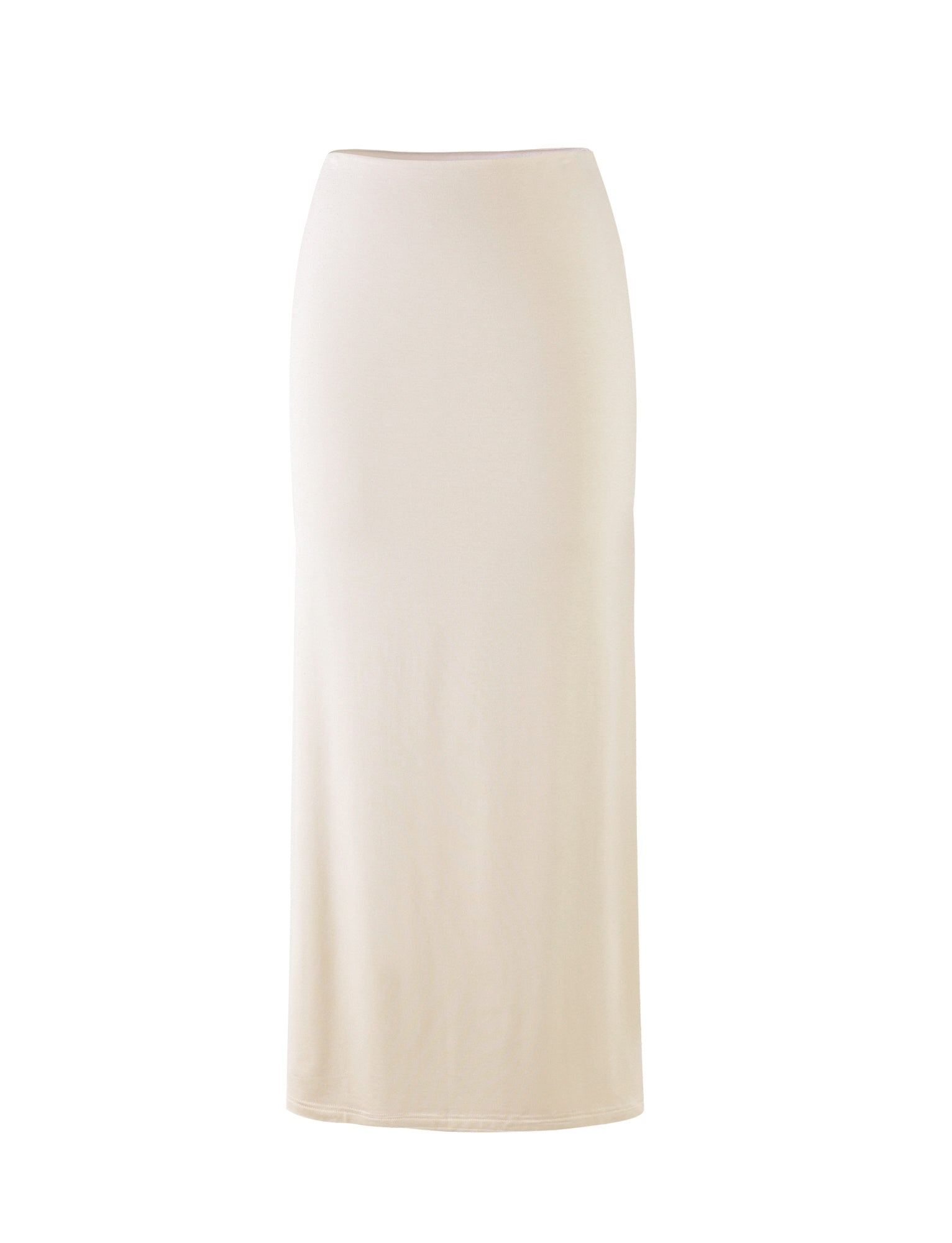 A long, fitted skirt from Tigermist, named the KAROLINA JERSEY SKIRT in off-white/ivory, is displayed on a white background. This skirt features a high waist and offers a simple, elegant design without any visible patterns, decorations, or embellishments.