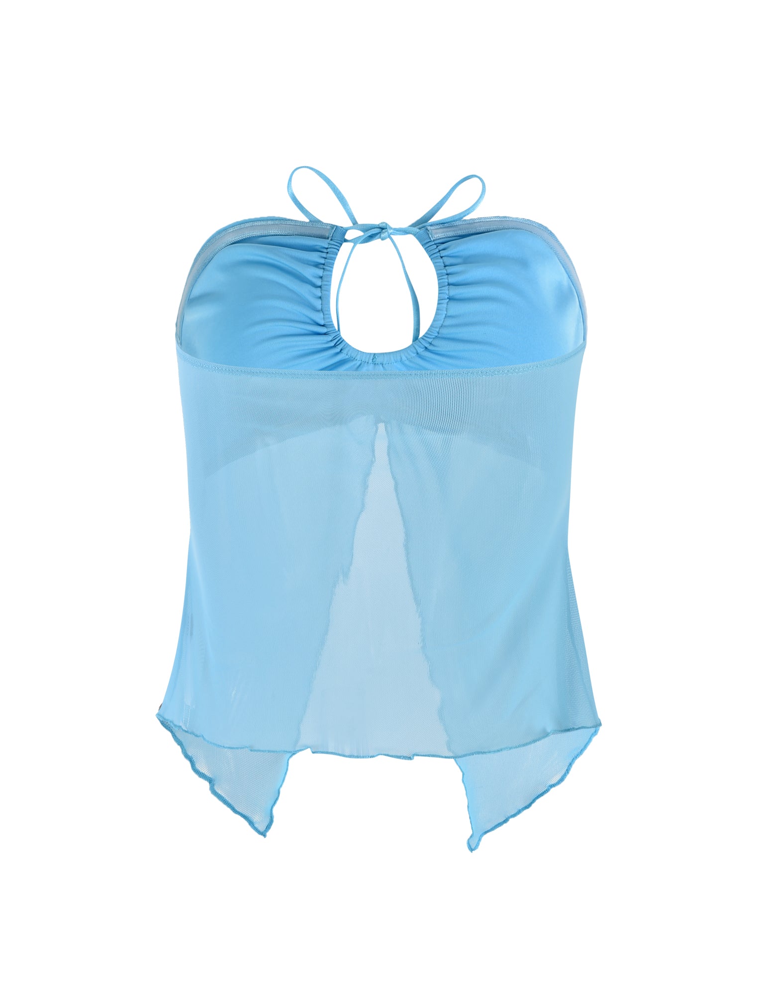 The Karolina Mesh Top in baby blue from TIGERMIST features a keyhole cutout at the neckline and sheer fabric below the bust. This light blue halter top also has a tie at the neck and a fluid, asymmetrical hemline.