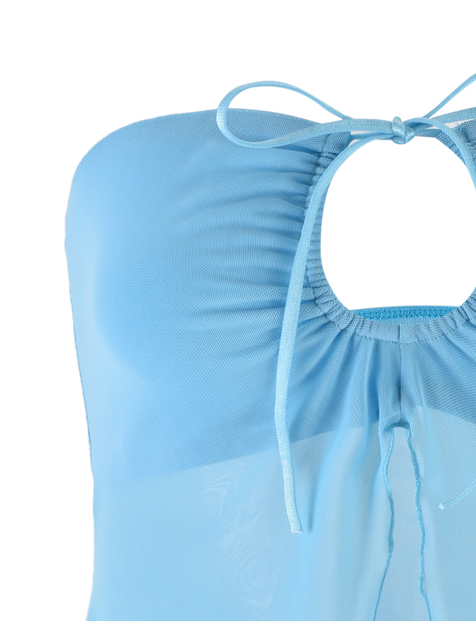Close-up of a blue TIGERMIST KAROLINA MESH TOP in Baby Blue and Sky Blue. This halter-style top features a ruched front and an adjustable tie around the neck. The fabric appears to be lightweight and slightly sheer. The neckline is round with subtle gathers, set against a plain white background.