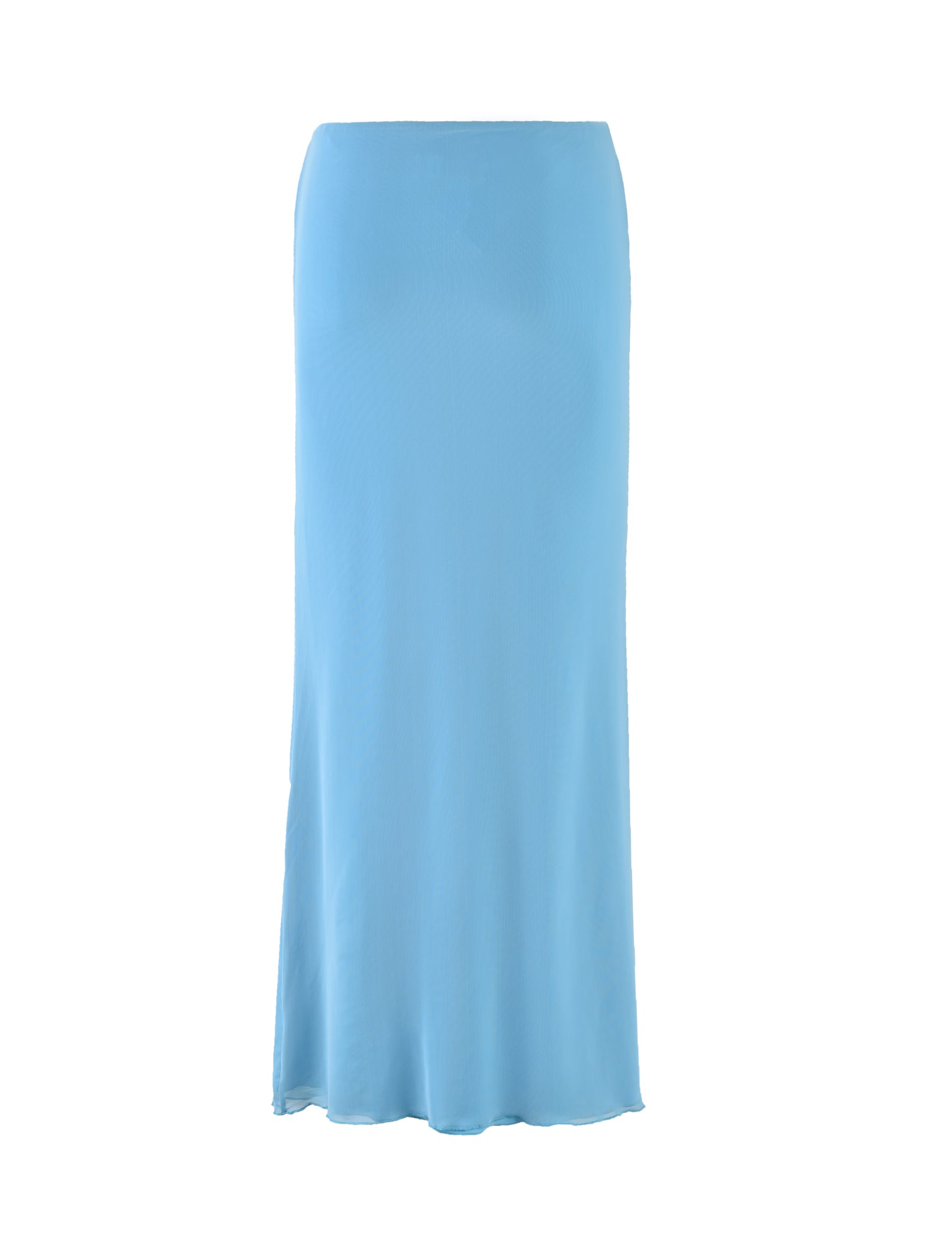 Introducing the Karolina Mesh Skirt from TigerMist, available in Baby Blue and Sky Blue hues. This floor-length skirt boasts a straight, minimalistic design with lightweight fabric that is slightly sheer, creating a sleek and elegant look. The skirt maintains a clean and simple silhouette with no visible embellishments or patterns, embodying timeless sophistication.