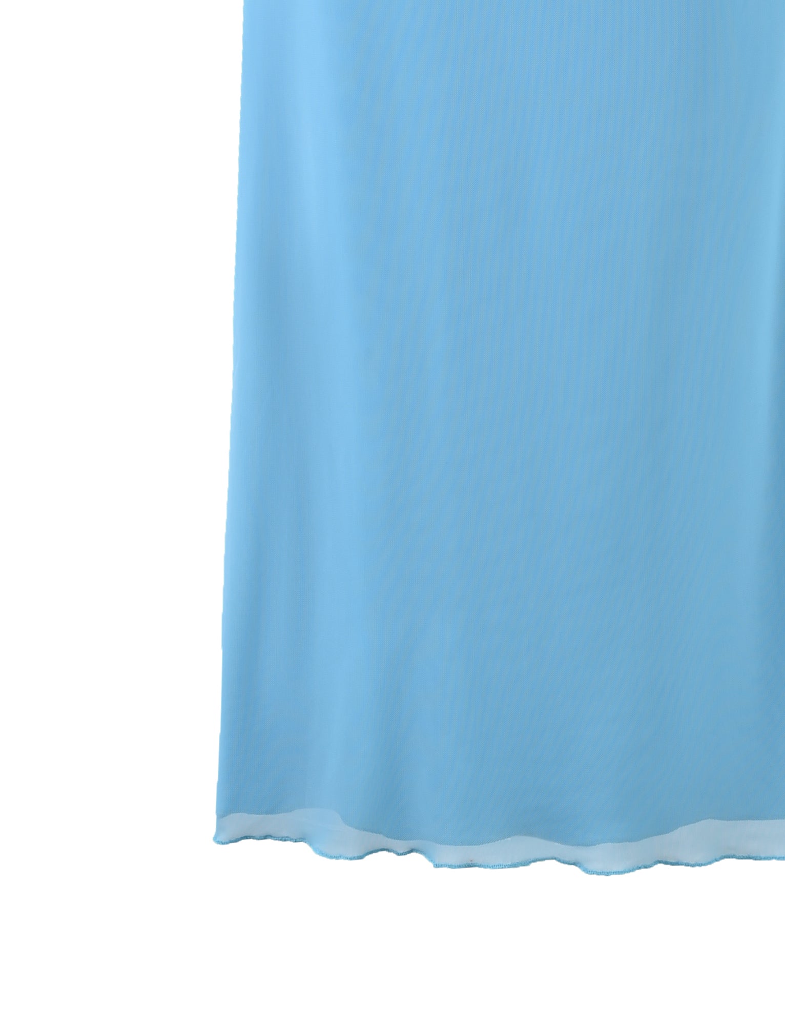 A close-up of the KAROLINA MESH SKIRT - BLUE from TIGERMIST hanging vertically. The fabric appears lightweight and slightly translucent, with soft, gentle folds near the bottom edge. The skirt extends beyond the frame of the image at the top.