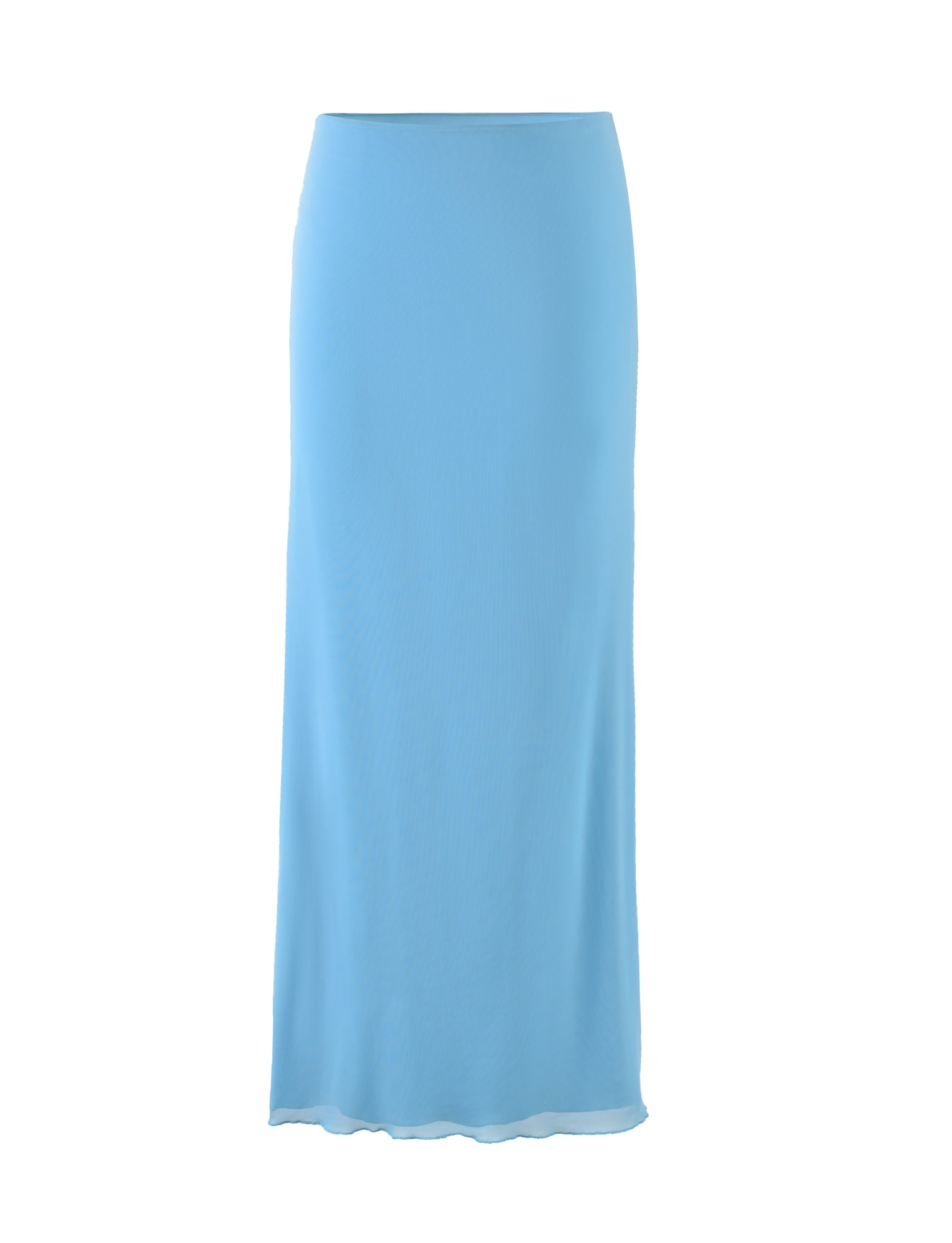 The TigerMist Karolina Mesh Skirt in sky blue features a full-length, slim-fitting design with a slightly flared hem and no visible embellishments, made from a lightweight, slightly sheer fabric.