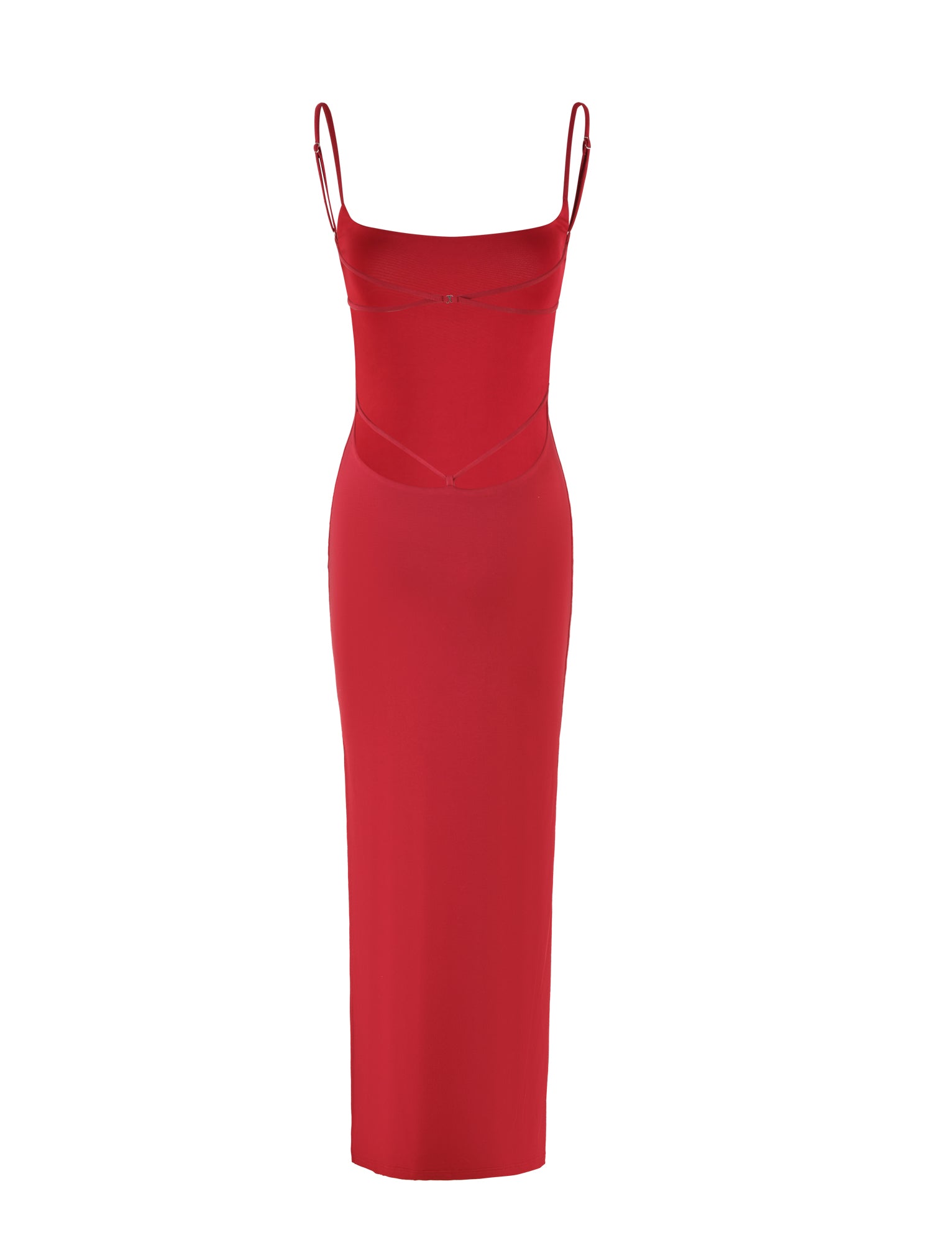 The MINERVA MAXI DRESS - RED by TIGERMIST is a long, form-fitting dress in Berry Red with thin spaghetti straps. Featuring a bodycon silhouette and cutout details at the waist, this elegant design boasts smooth, stretchy fabric that falls straight to the ankles.