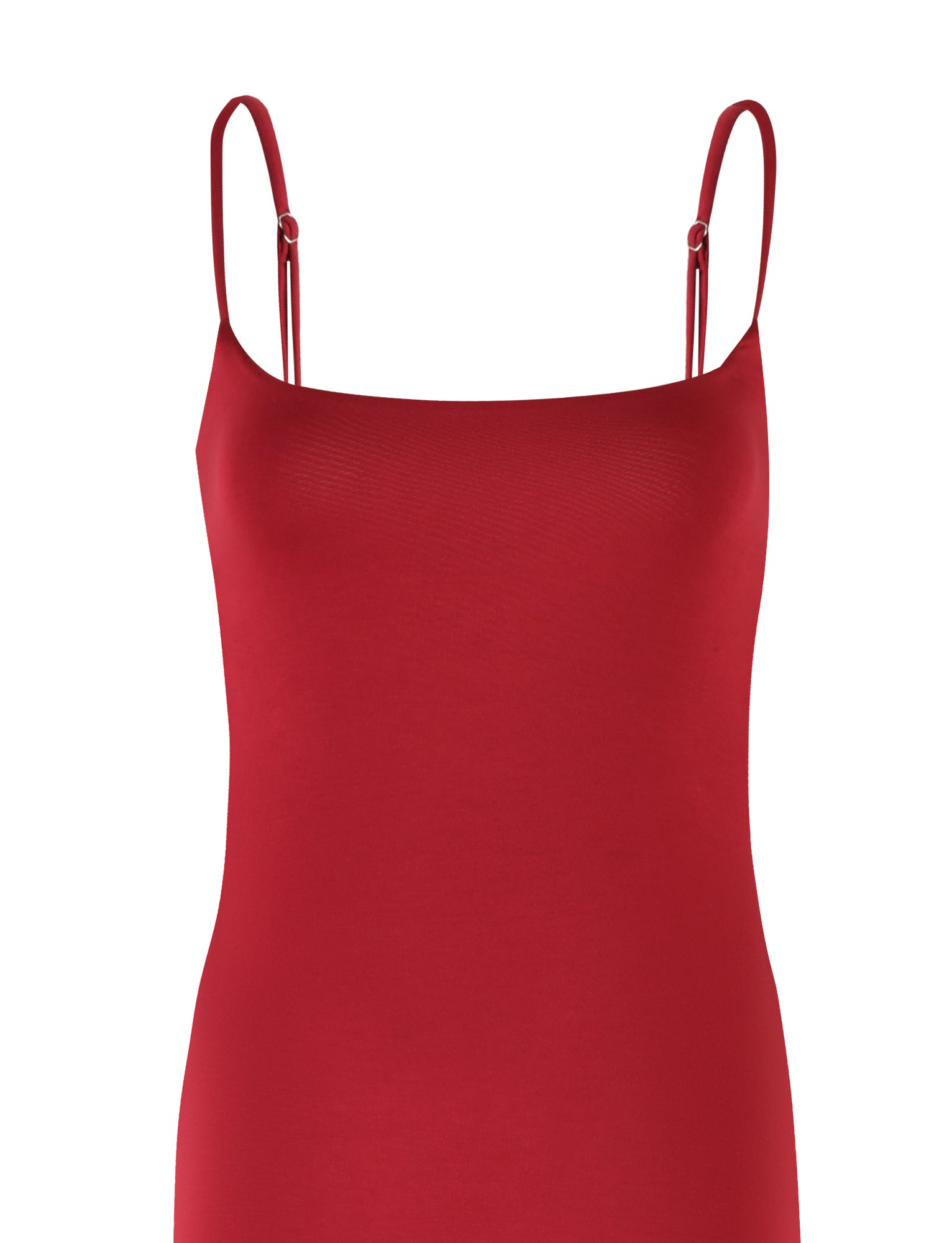 A form-fitting MINERVA MAXI DRESS - RED in Berry Red from TIGERMIST featuring thin, adjustable shoulder straps. The top of this bodycon maxi dress showcases a straight neckline and smooth texture, set against a white background.