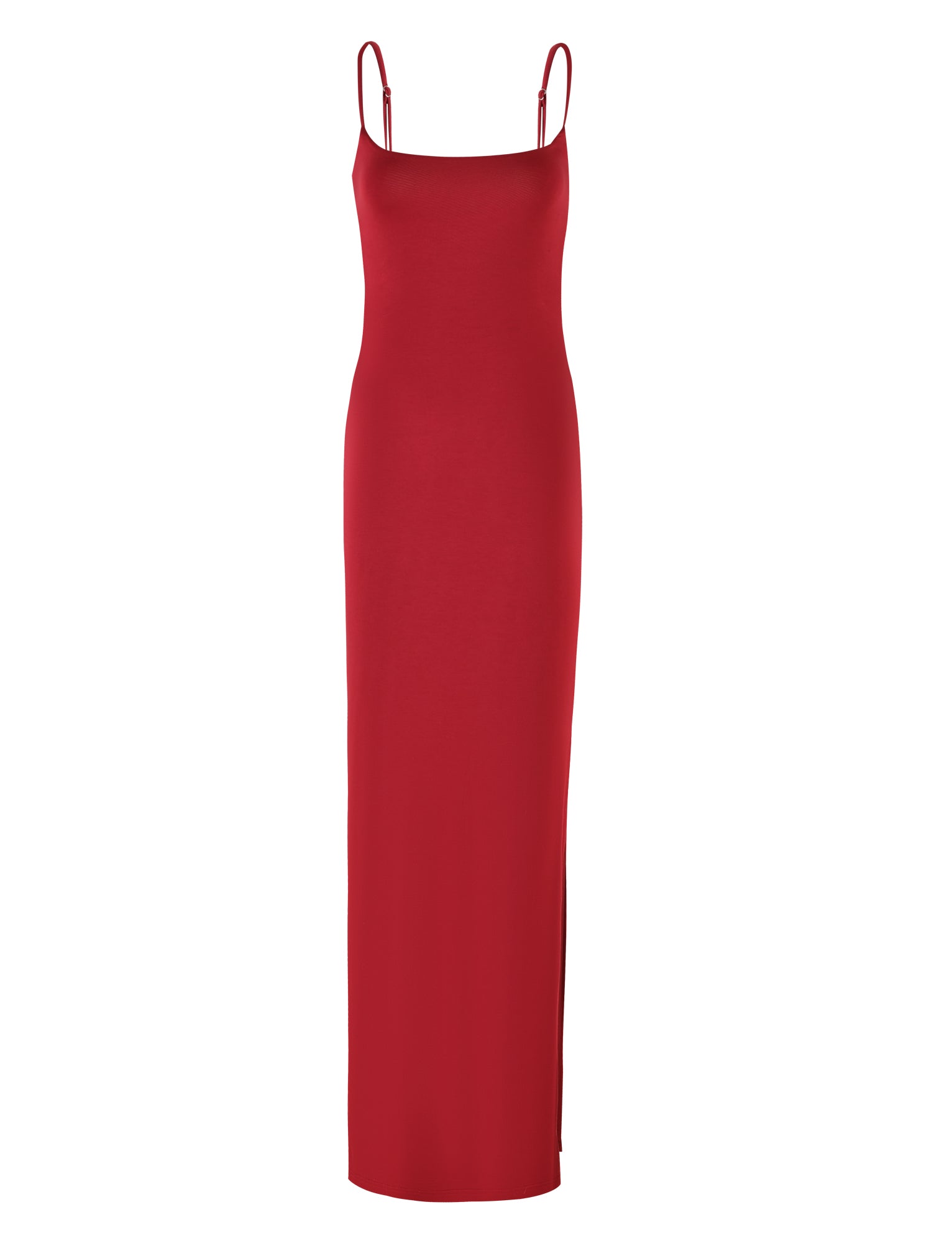 The TIGERMIST MINERVA MAXI DRESS in Berry Red is a sleek, floor-length dress featuring thin spaghetti straps and a straight bodycon silhouette. It boasts a smooth, form-fitting fabric that enhances its simple and elegant design, free from any additional decorations or patterns.