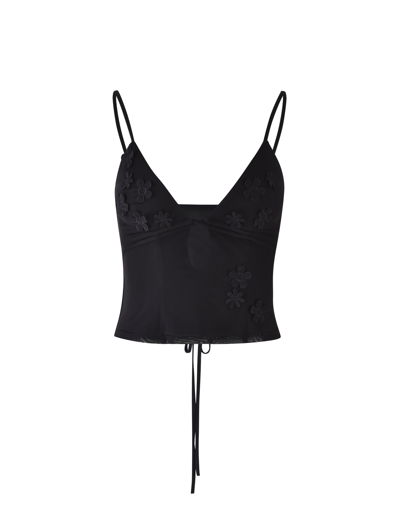 The KATINA CAMI - BLACK from TIGERMIST is a black cropped camisole with thin spaghetti straps and decorative floral embroidery. It features a low-cut V neckline, an under-bust seam, and a tie detail at the back.
