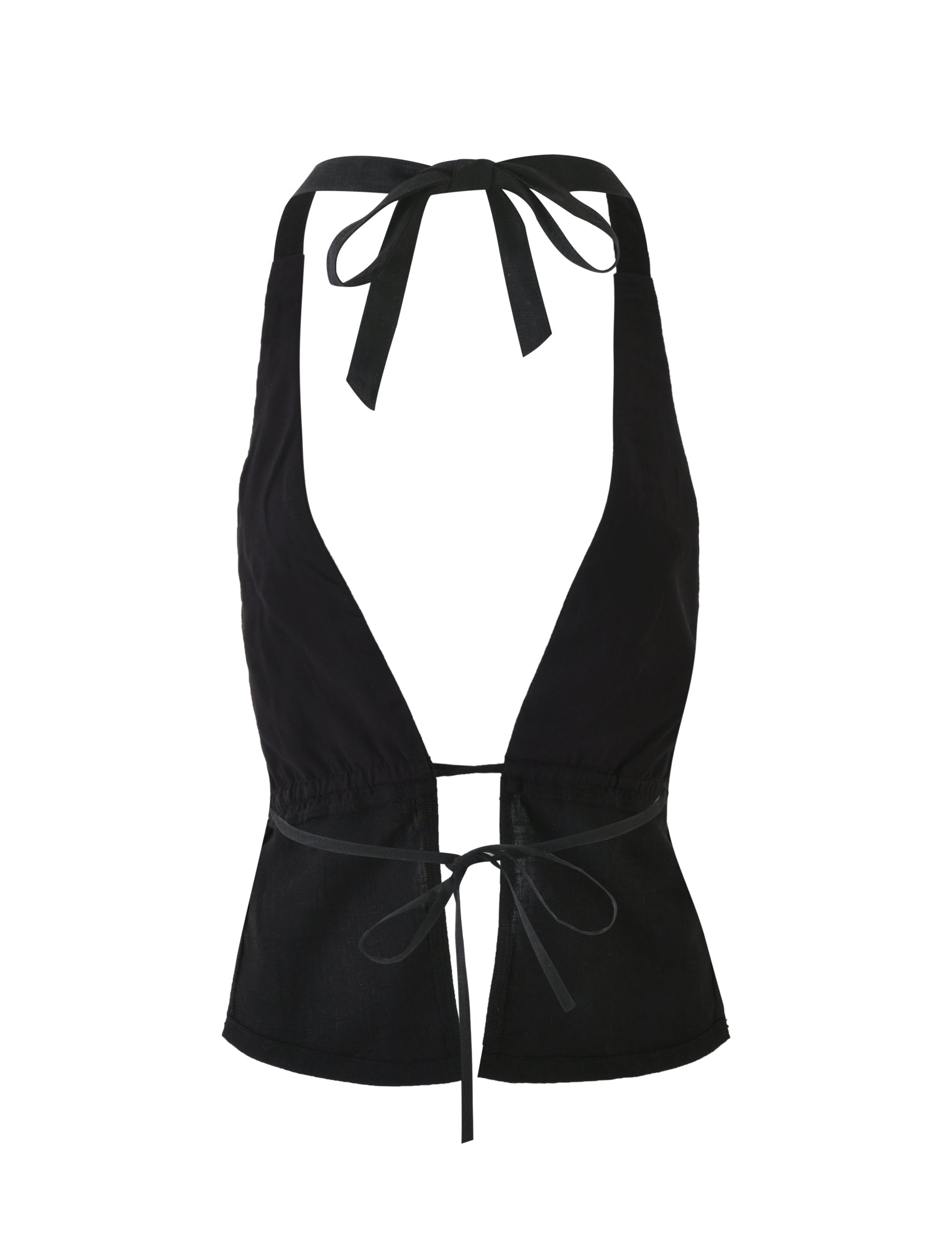 A stylish TIGERMIST LAINEY TOP in black, featuring a deep V neckline and an open back, tied at the neck and waist with thin black straps. The top has a fitted design that slightly flares around the waist.