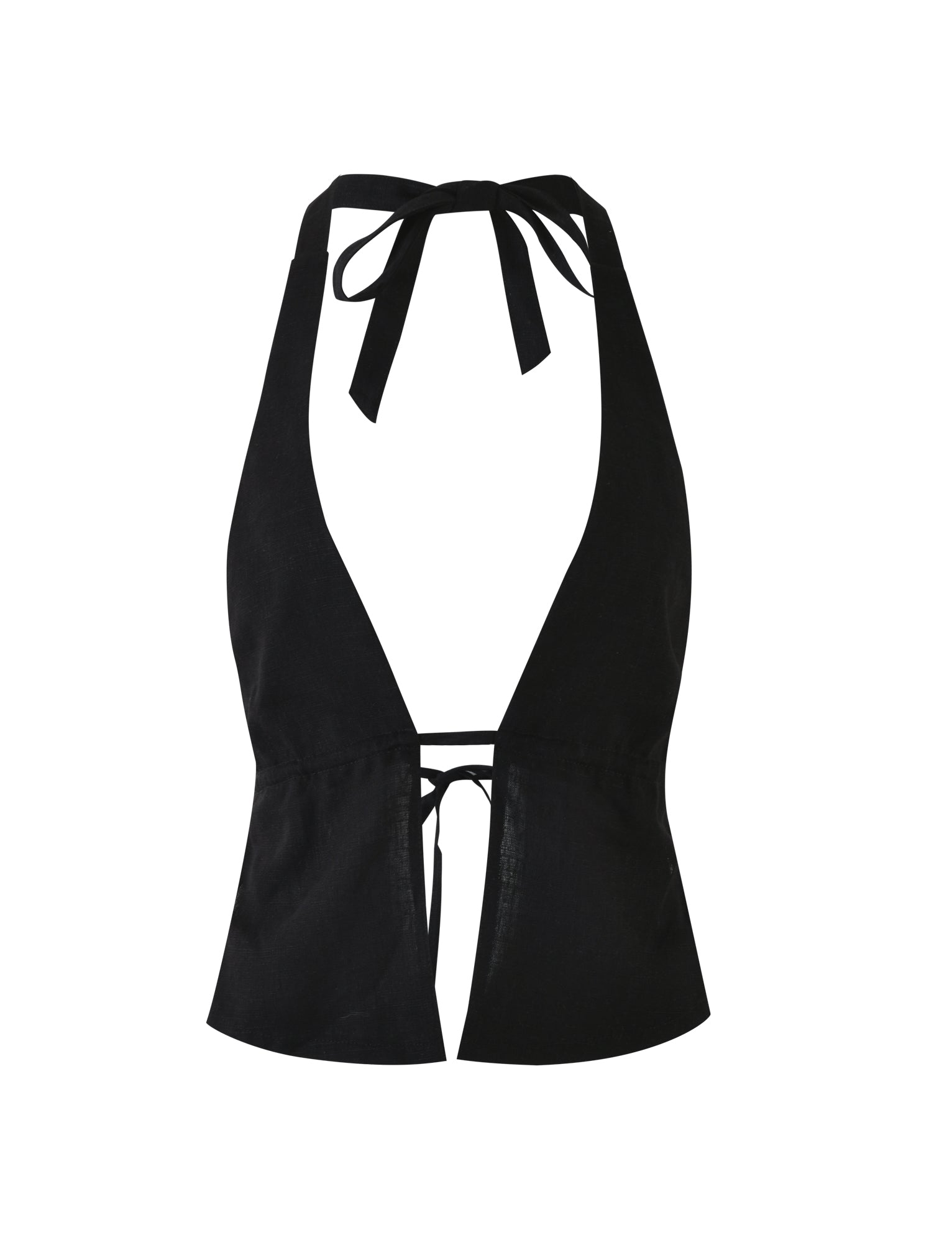 Introducing the LAINEY TOP - BLACK from TIGERMIST—a chic black halter top featuring a deep V neckline, tie closures at both the neck and lower back, and a slightly flared hem. This sleeveless top is made from lightweight fabric, making it perfect for warm weather. The minimalist design exudes elegance and style.