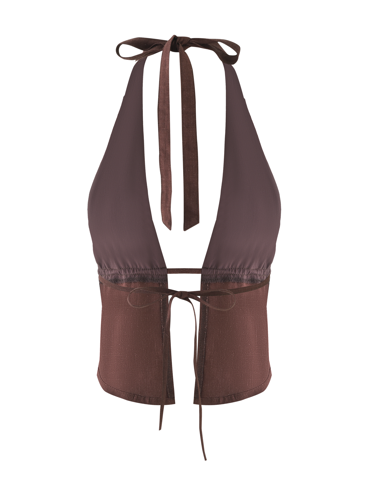 The LAINEY TOP - CHOCOLATE by TIGERMIST is a sleeveless linen halter with a deep V-neck, adjustable neck and back ties, and ruched detailing under the bust.