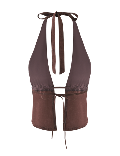 The LAINEY TOP - CHOCOLATE by TIGERMIST is a sleeveless linen halter with a deep V-neck, adjustable neck and back ties, and ruched detailing under the bust.