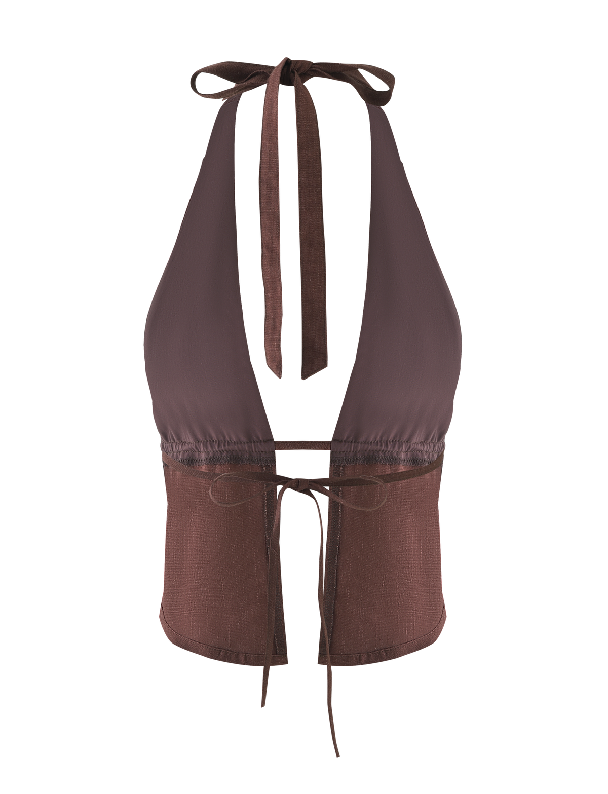 The LAINEY TOP - CHOCOLATE by TIGERMIST is a sleeveless linen halter with a deep V-neck, adjustable neck and back ties, and ruched detailing under the bust.