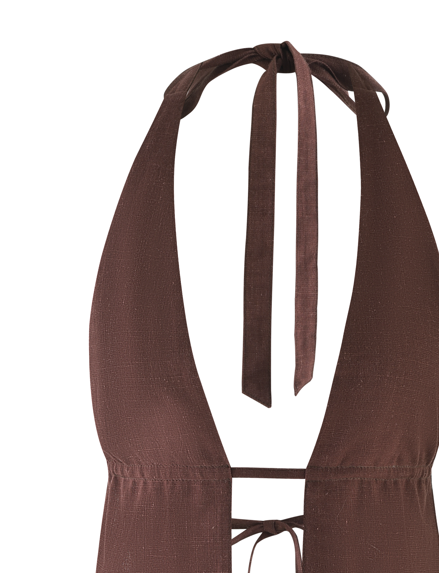 The LAINEY TOP - CHOCOLATE by TIGERMIST is a chocolate brown linen halter bikini top with textured fabric, a deep V-neckline, and adjustable neck ties.