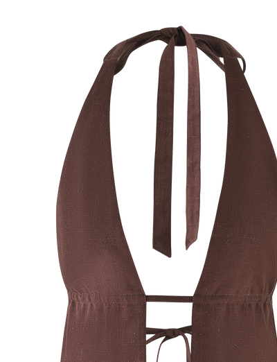 The LAINEY TOP - CHOCOLATE by TIGERMIST is a chocolate brown linen halter bikini top with textured fabric, a deep V-neckline, and adjustable neck ties.