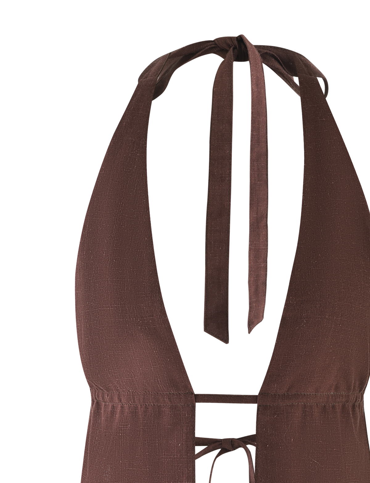The LAINEY TOP - CHOCOLATE by TIGERMIST is a chocolate brown linen halter bikini top with textured fabric, a deep V-neckline, and adjustable neck ties.