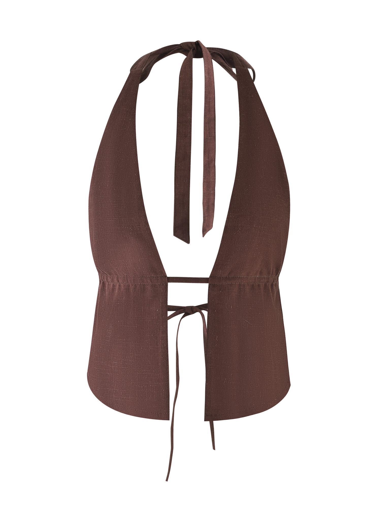 The LAINEY TOP - CHOCOLATE by TIGERMIST is a chocolate brown linen halter crop top featuring a deep V-neckline, adjustable neck and back ties, and slightly textured fabric.