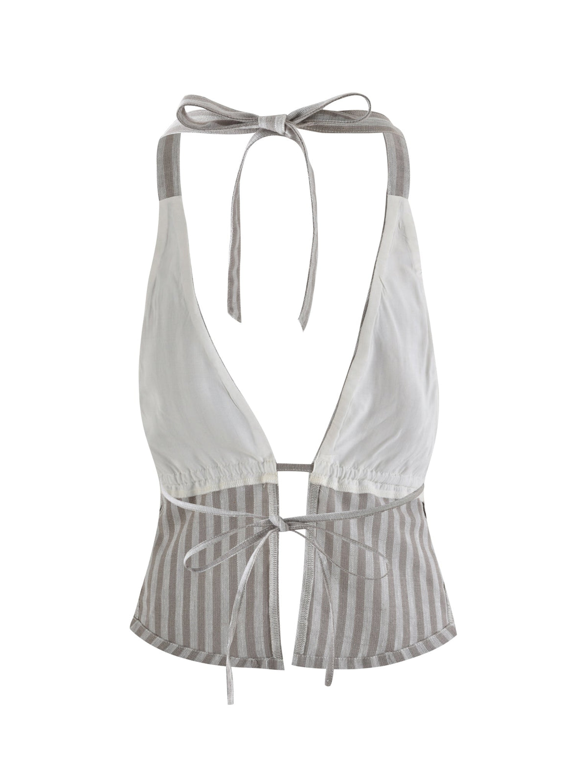 The LAINEY TOP - GREY : STRIPE from TIGERMIST is a sleeveless, halter-neck crop top featuring a deep V-neckline. It comes in white with gray vertical stripes on the bottom and back straps. The top ties at the back of the neck and at the front center under the bust, creating an open-back design.