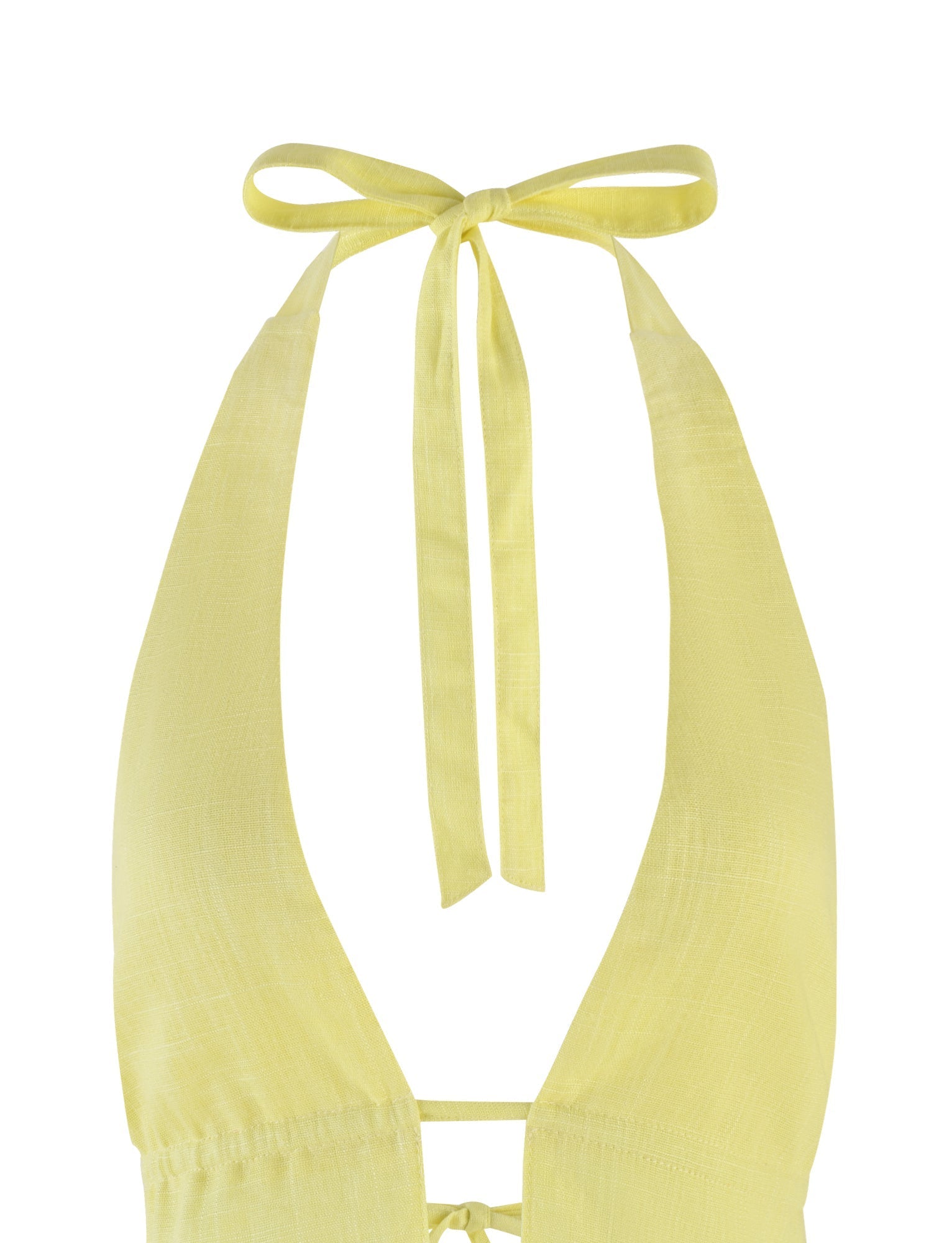 Close-up of the TIGERMIST LAINEY TOP in LEMON with a deep V neckline and a tie closure at the neck. The fabric appears lightweight and slightly textured. The top features a back tie detail for an adjustable fit. The image is set against a white background.