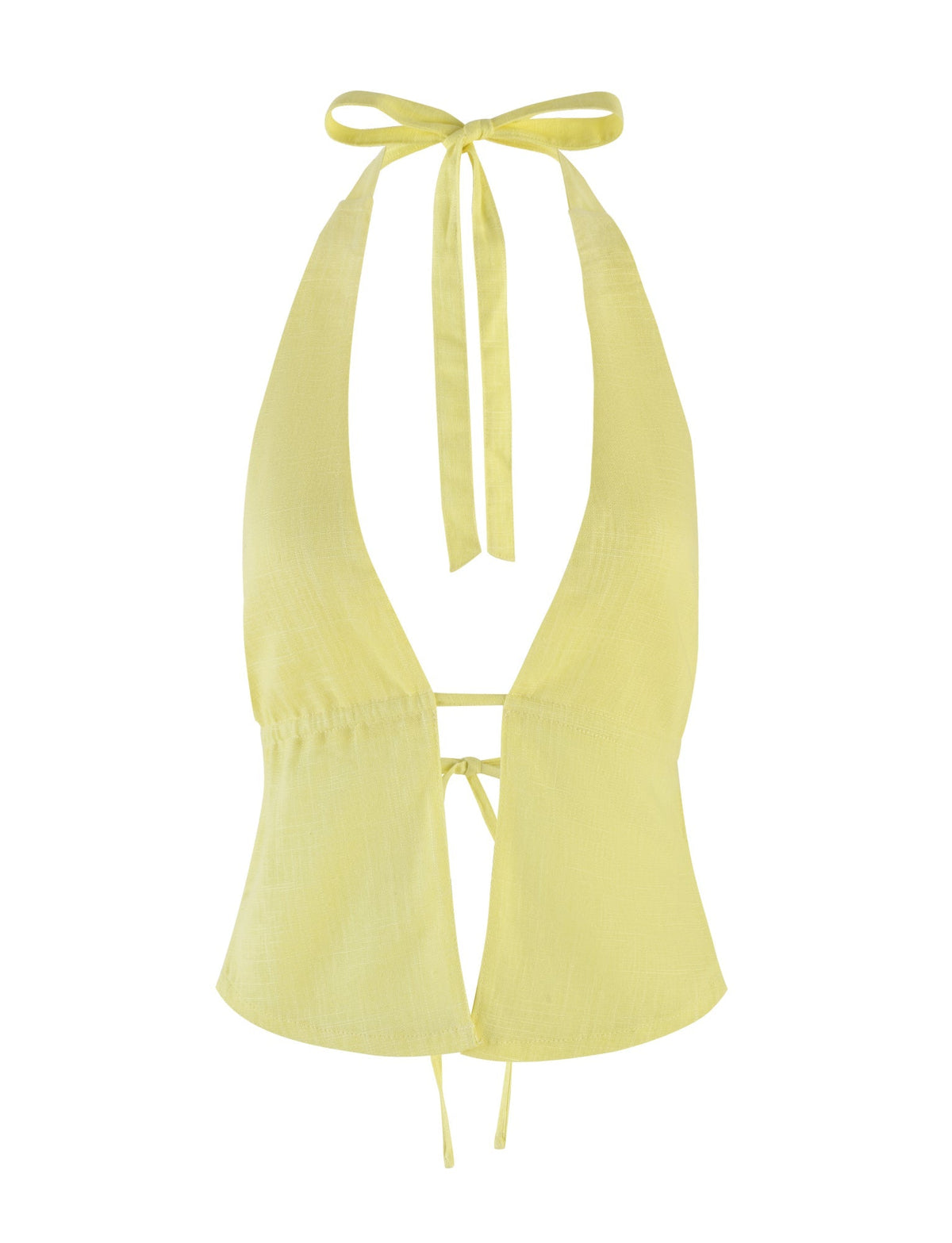 The LAINEY TOP - YELLOW : LEMON from TIGERMIST is a halter neck top with a deep V-neck cut, tied at the back of the neck and the lower back. Made from lightweight fabric, it's perfect for warm weather.