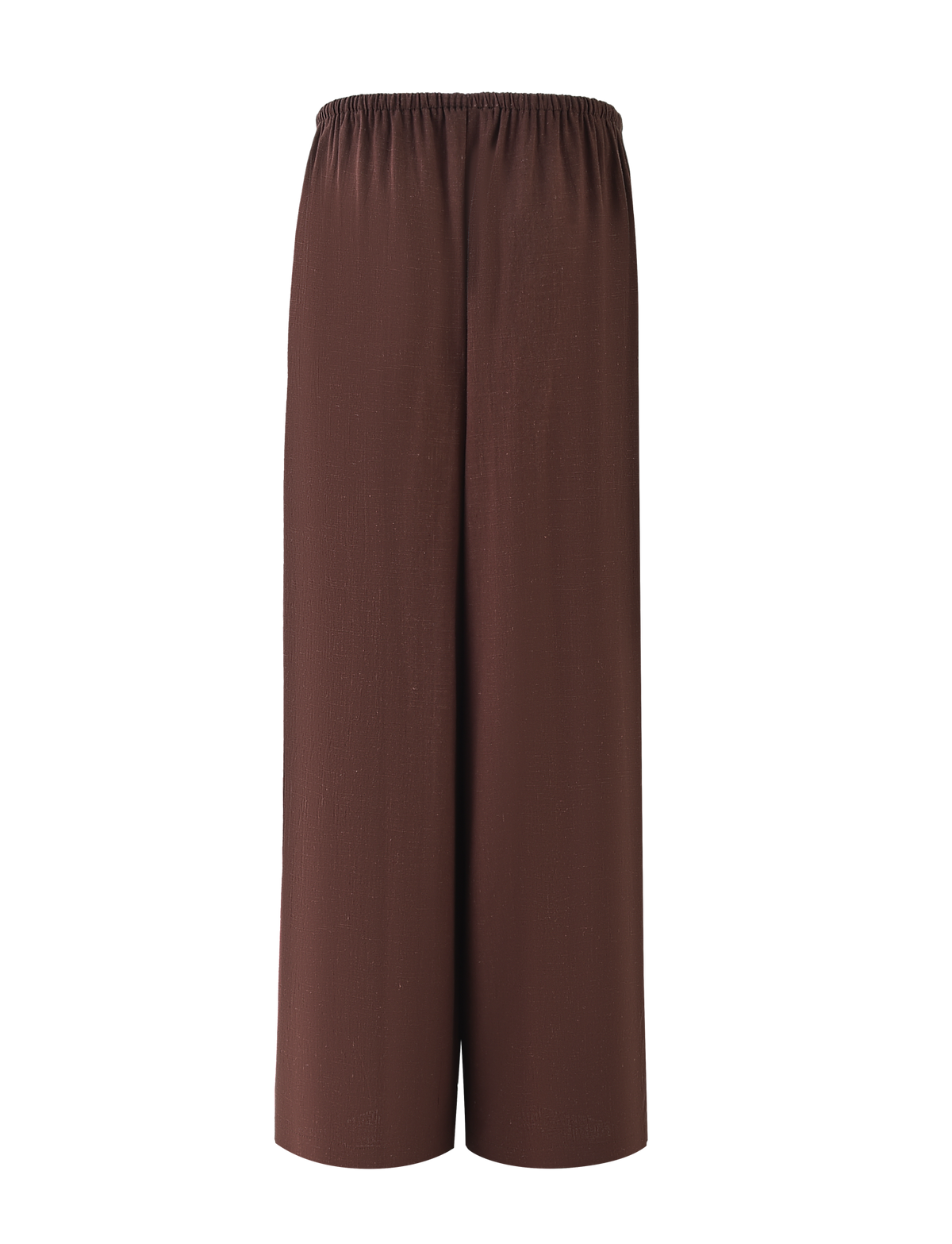 The LAINEY PANT - CHOCOLATE by TIGERMIST features a wide-leg linen design in brown with an elasticated waist, shown against a light background. The lightweight, flowy fabric offers effortless style.