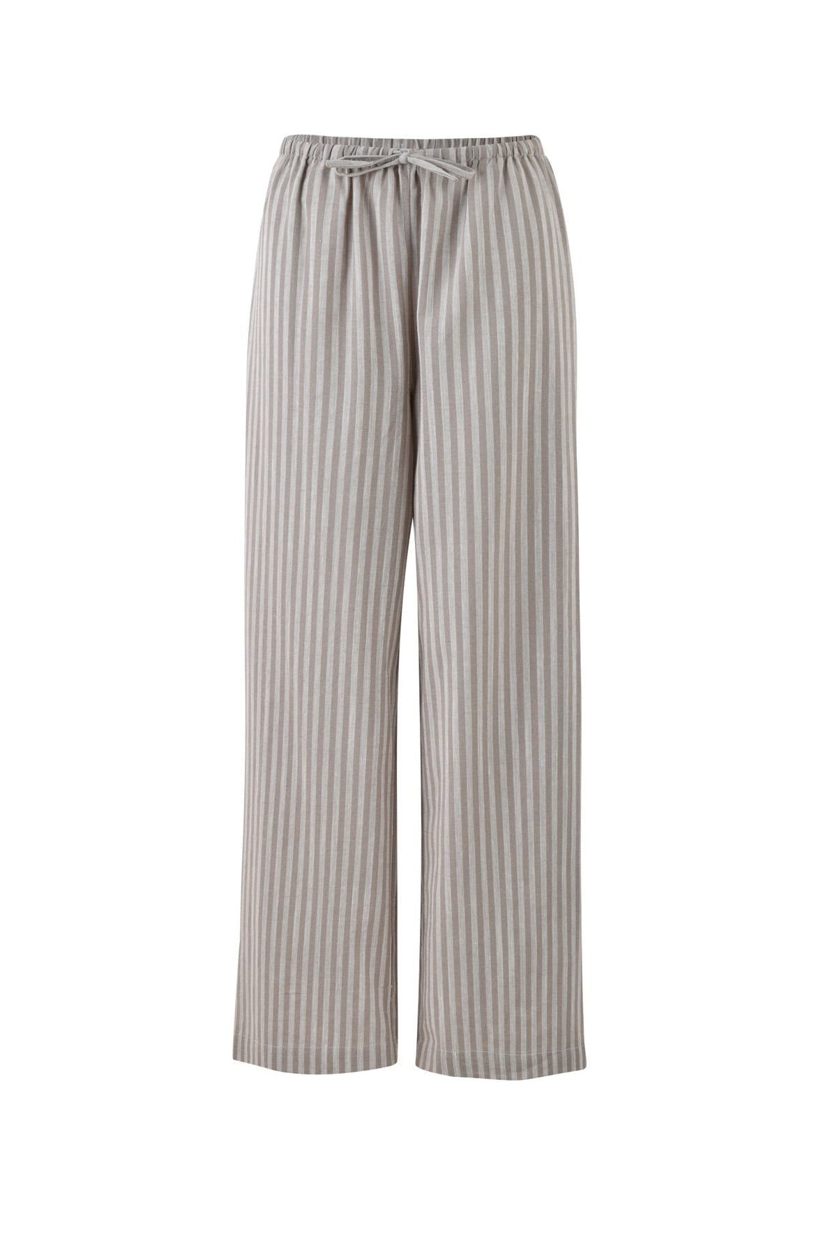 The LAINEY PANT in Grey Stripe by TIGERMIST is a pair of loose-fitting, high-waisted pants with a light beige and white vertical stripe pattern. Designed for comfort and style, these pants feature an elastic waistband with a drawstring and wide legs for a casual look.