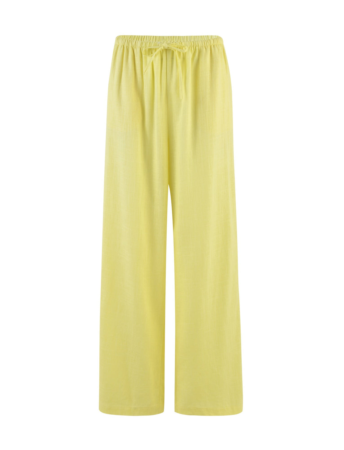 Introducing the LAINEY PANT - YELLOW : LEMON from TIGERMIST. These light yellow, wide-leg trousers feature an elastic waistband with a drawstring tie for adjustment. The material is lightweight and perfect for casual or comfortable wear.