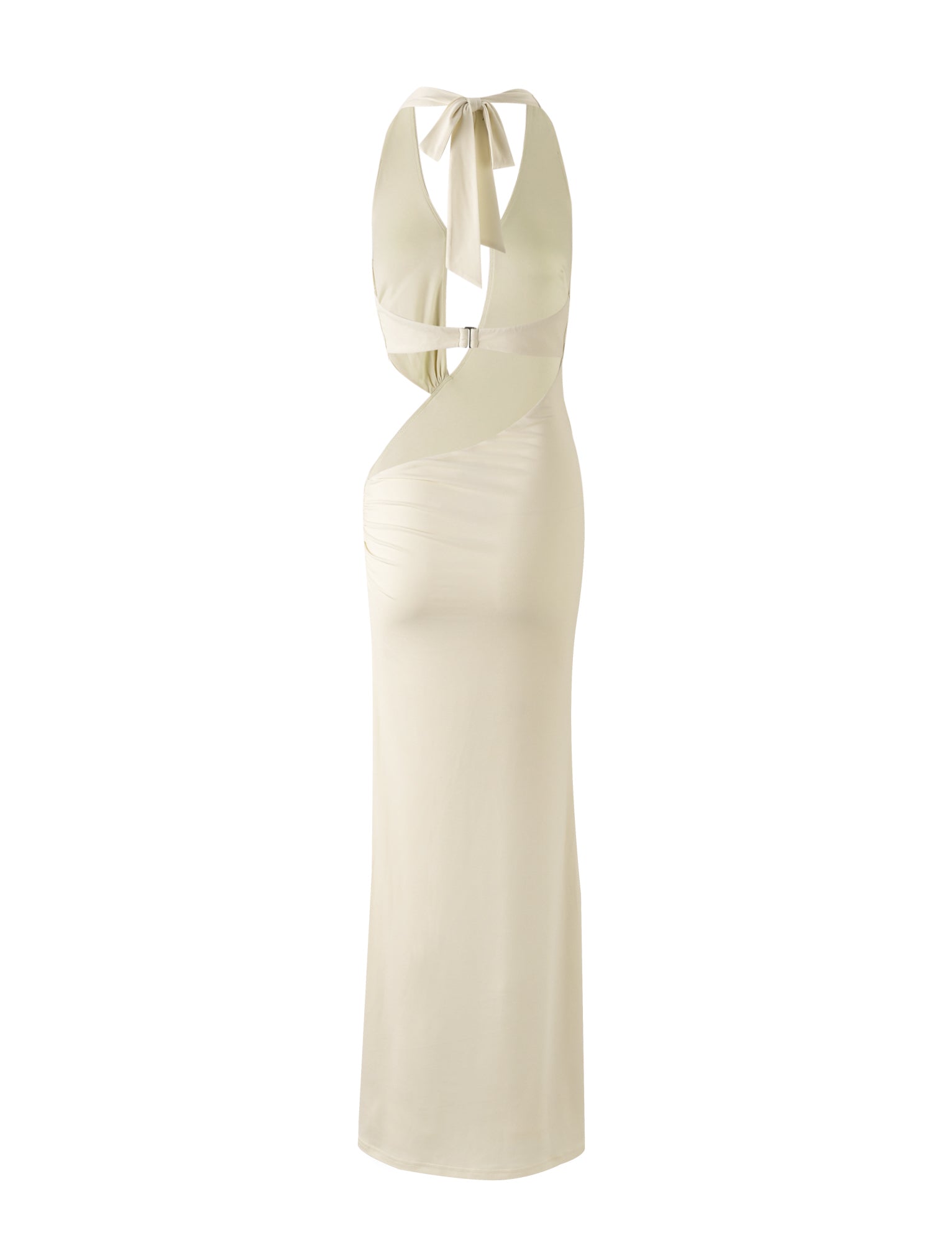 A butter-yellow, sleeveless maxi dress from TIGERMIST named AYA MAXI DRESS - YELLOW : BUTTER. This dress features a halter neckline that ties at the back and boasts an asymmetrical design with a side cutout and gathered detailing. It offers a long, form-fitting silhouette.