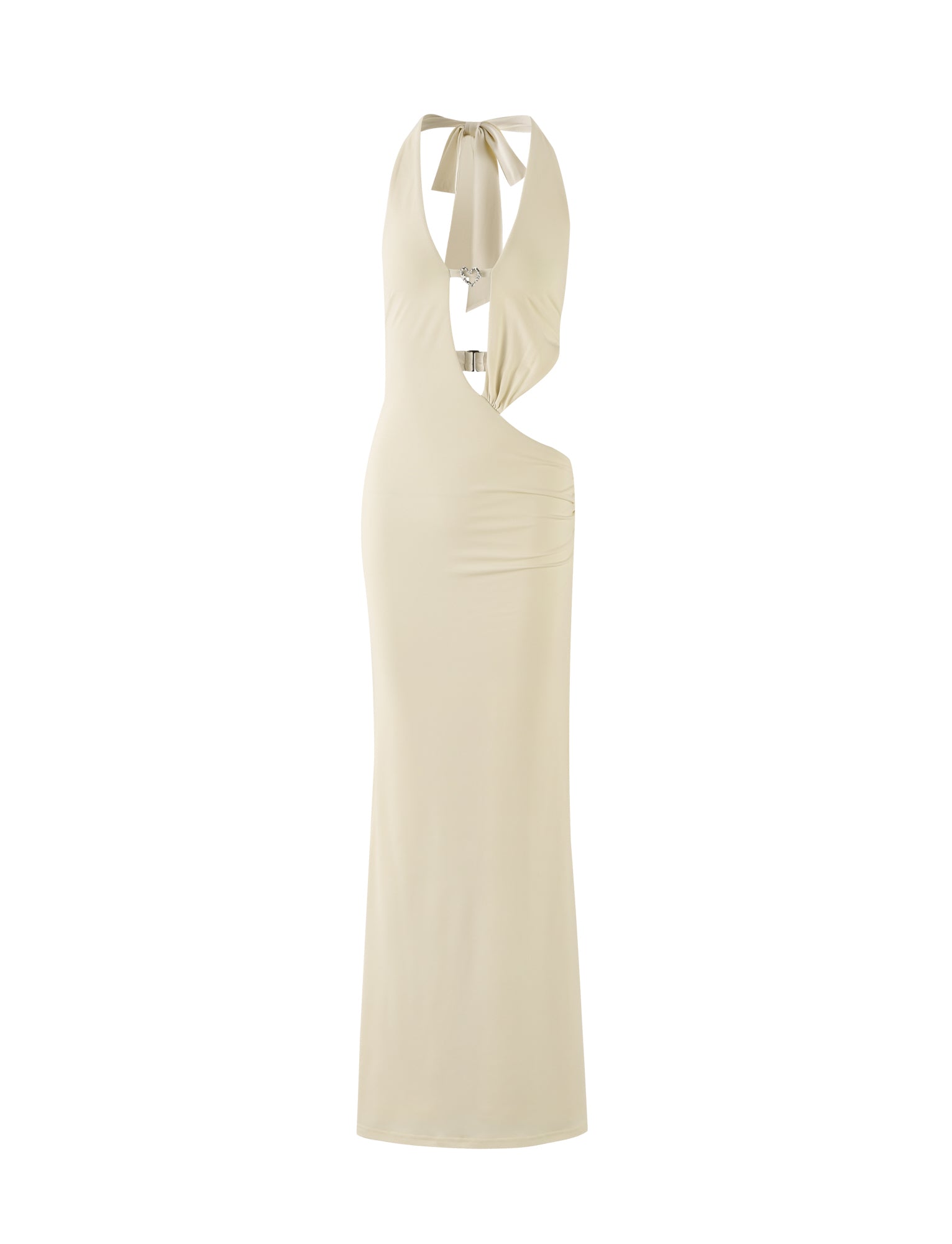An elegant evening gown with a sleeveless, floor-length hemline. The AYA Maxi Dress by TIGERMIST features chic cutouts on the sides and back, complemented by a tie detail at the neck and a small circular metallic embellishment at the center front. The butter-yellow fabric boasts a soft, luxurious texture.