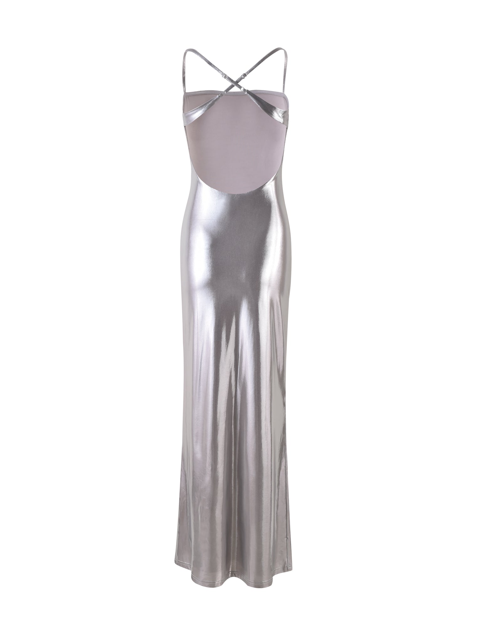 Introducing the ELVIA MAXI DRESS from TIGERMIST, a stunning silver metallic floor-length dress. This sleek design features thin spaghetti straps that cross at the open back and offers a fitted silhouette that gently flares out at the bottom.