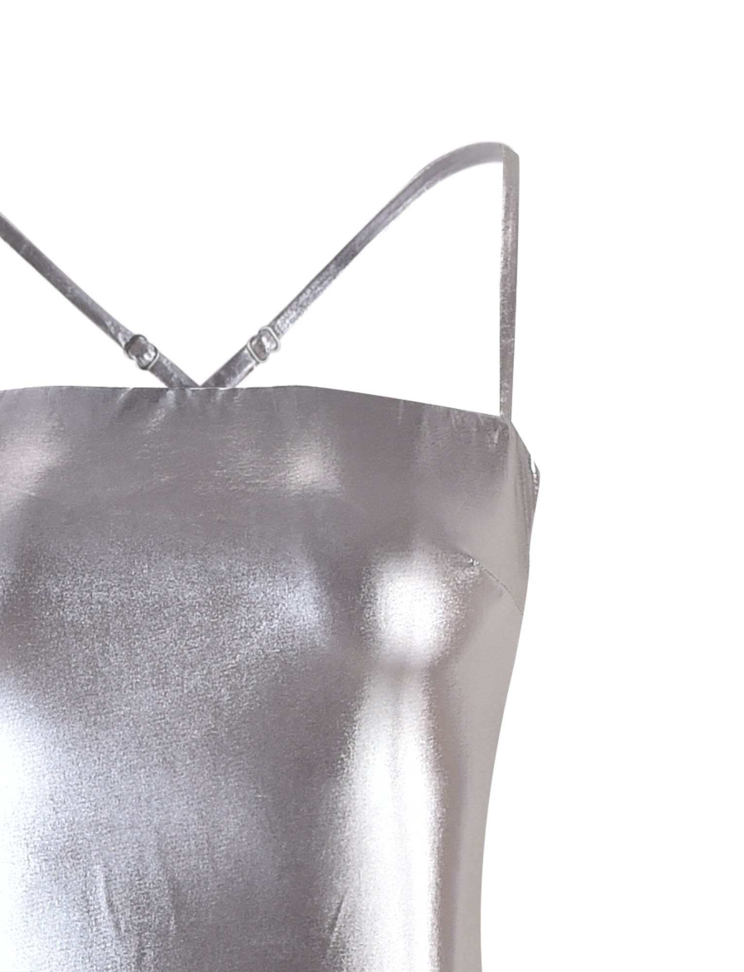 A close-up image of the ELVIA MAXI DRESS in Grey : Silver : Silver Metallic from TIGERMIST. The fabric has a shiny, reflective texture, with thin spaghetti straps connecting at the shoulders. The dress has a smooth, sleek surface that catches light and enhances its glossy appearance.